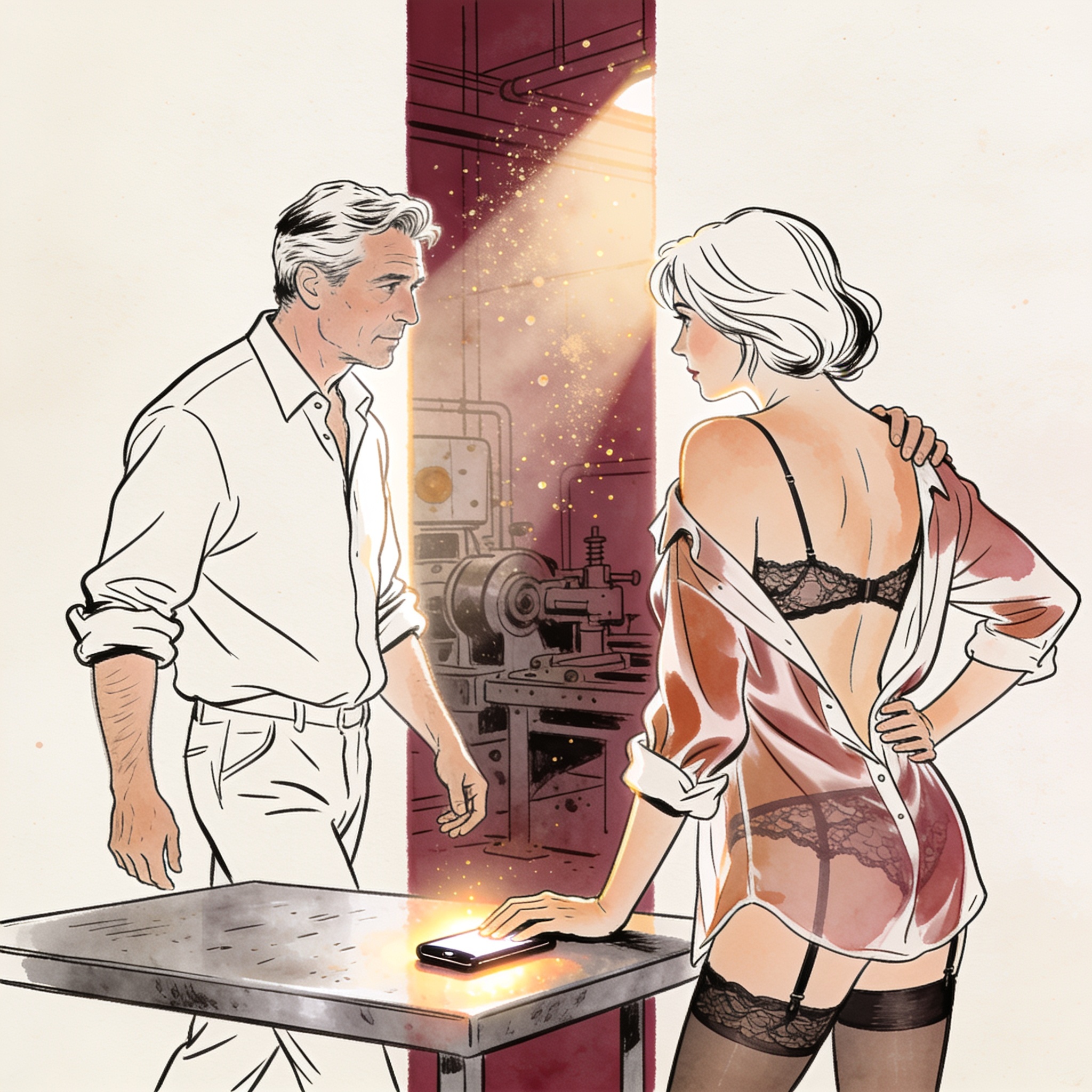 Line art of a man and woman sharing an intense gaze in a machine shop, surrounded by in...