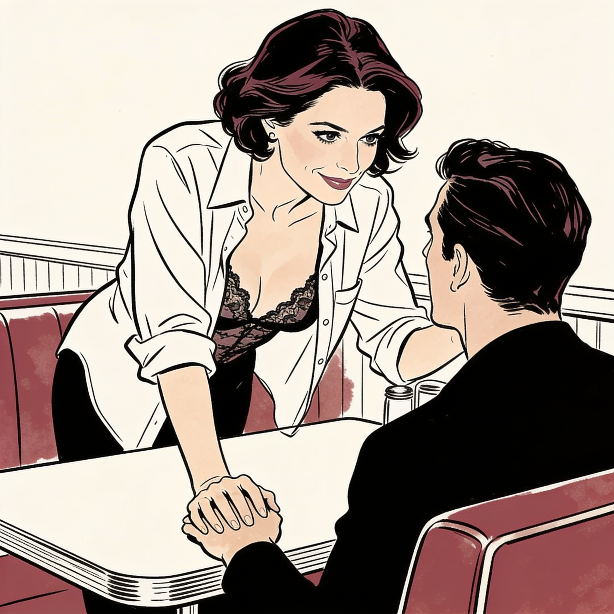 A woman leans across a diner booth, sharing an intense, desiring look with a man.