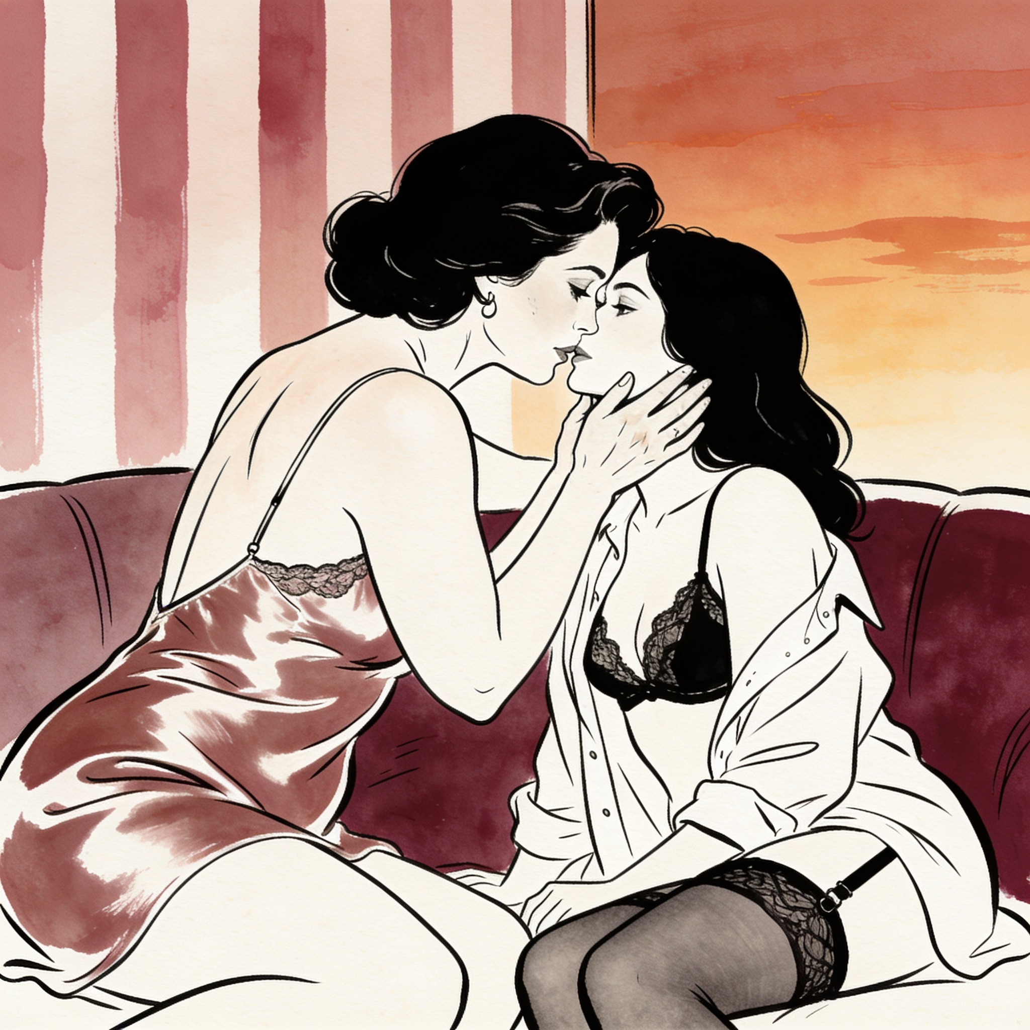 Mother in silk slip touches her daughter's face in a quiet moment of intense, tender re...