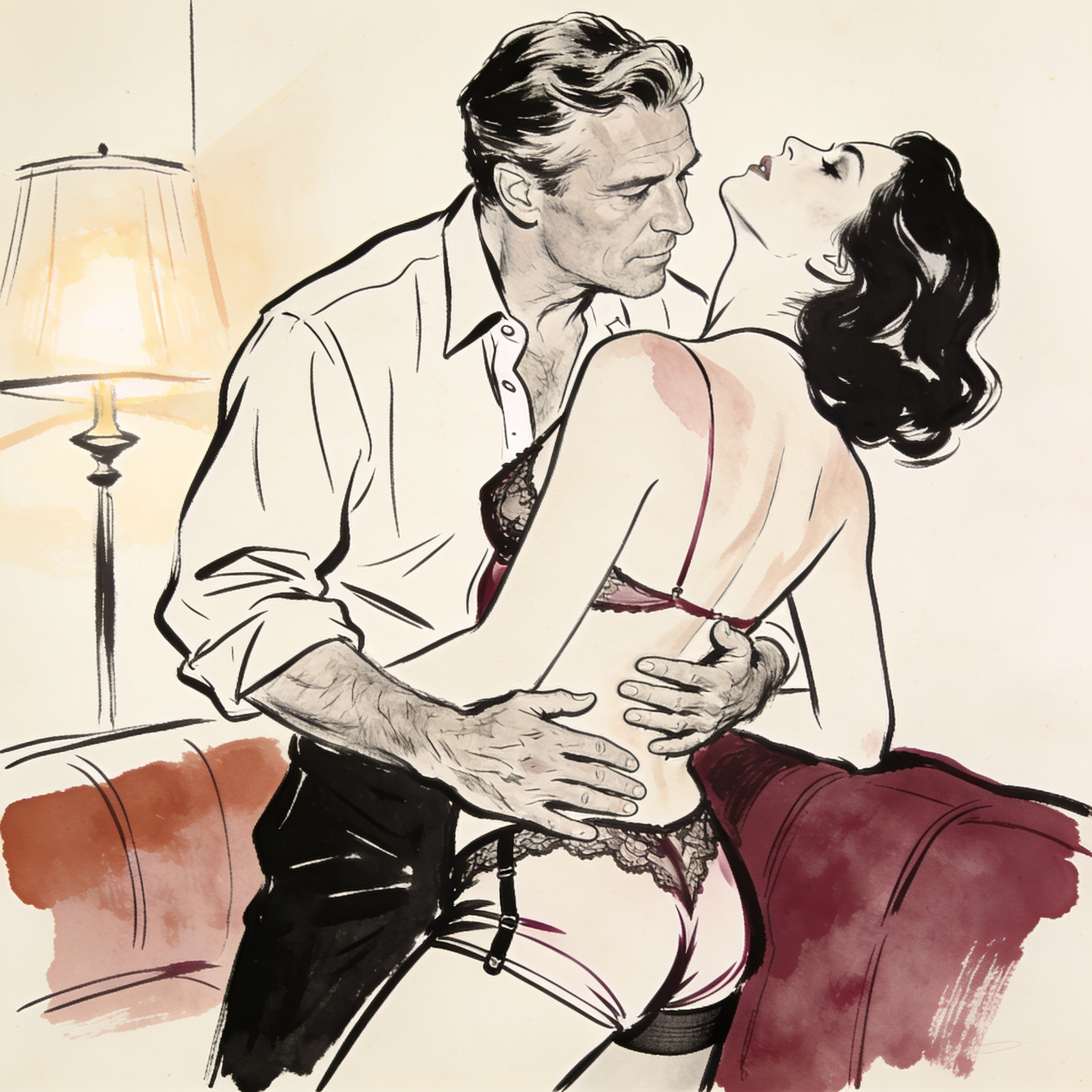 Man holds woman against sofa, hands on her bare waist, faces close in lamplight.