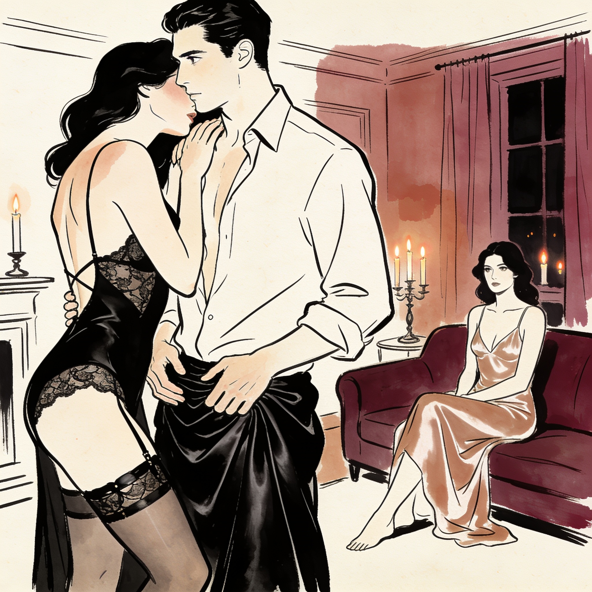 Man in t-shirt between two women in lingerie in a candlelit room.