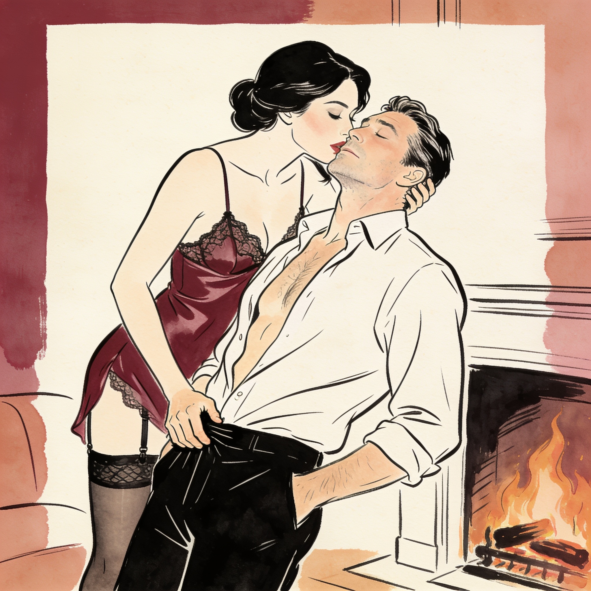 A woman dominates a man, her hand on his trousers as they stand by a fire.