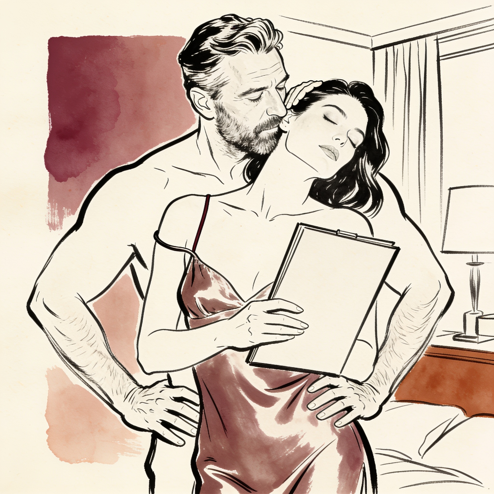A man embraces a woman in a hotel room, his cheek against her head, her silk strap slip...