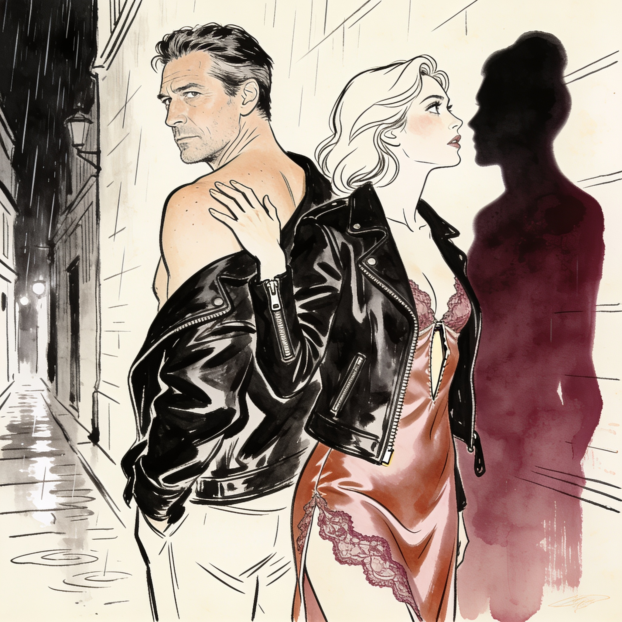 A couple in an alley; her hand on his bare shoulder, gazing at a shadow.