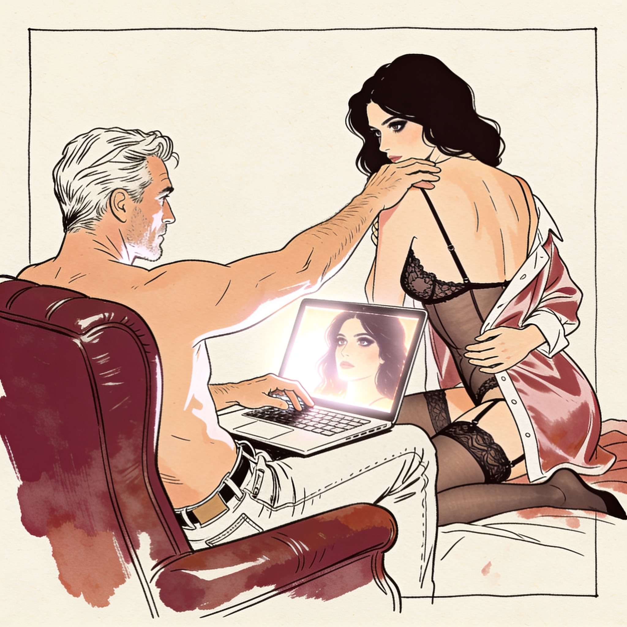 A man watches a woman's rapt face on a laptop screen, his hand reaching toward her image.