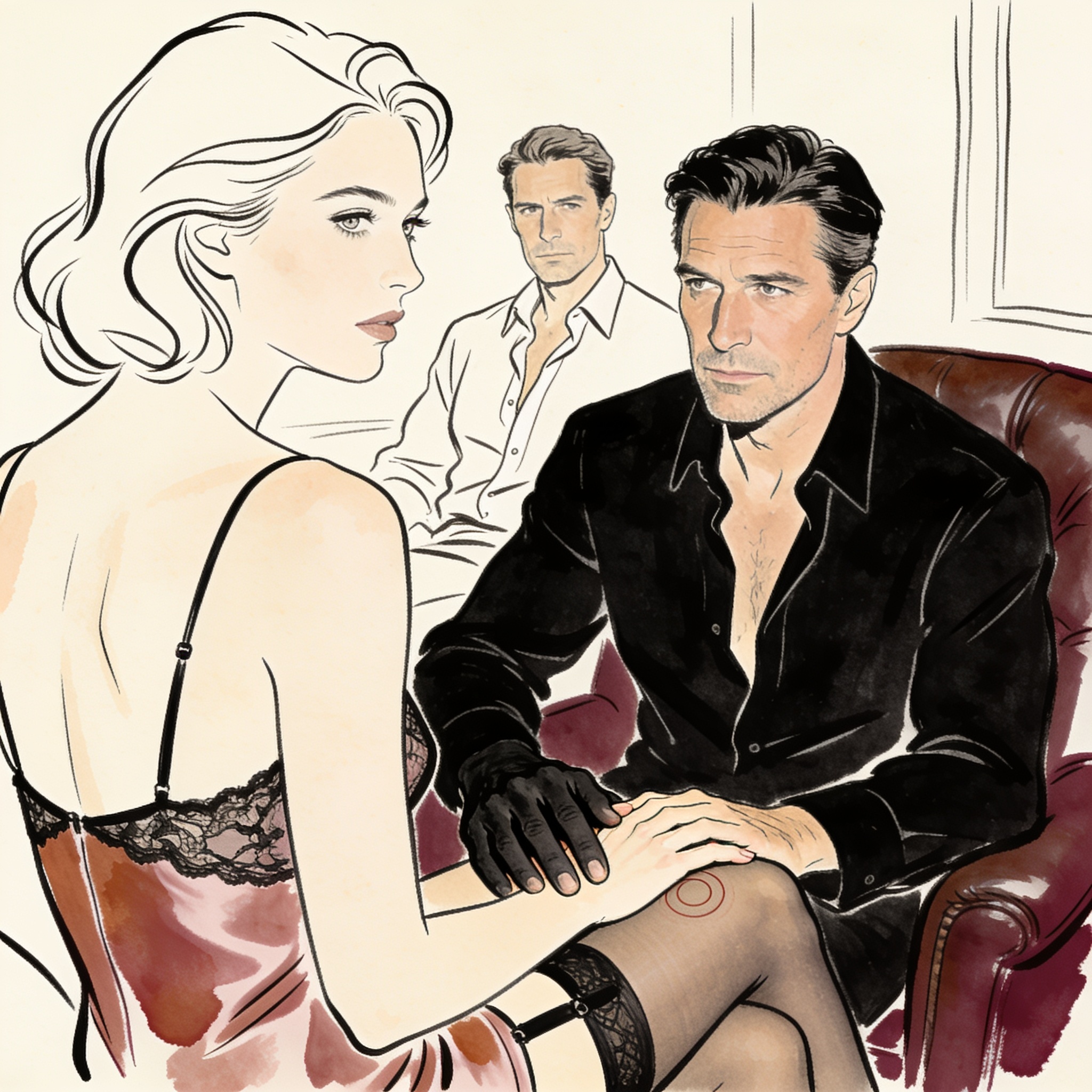 A man's hand holds a woman's on her thigh as another man watches from a sofa.