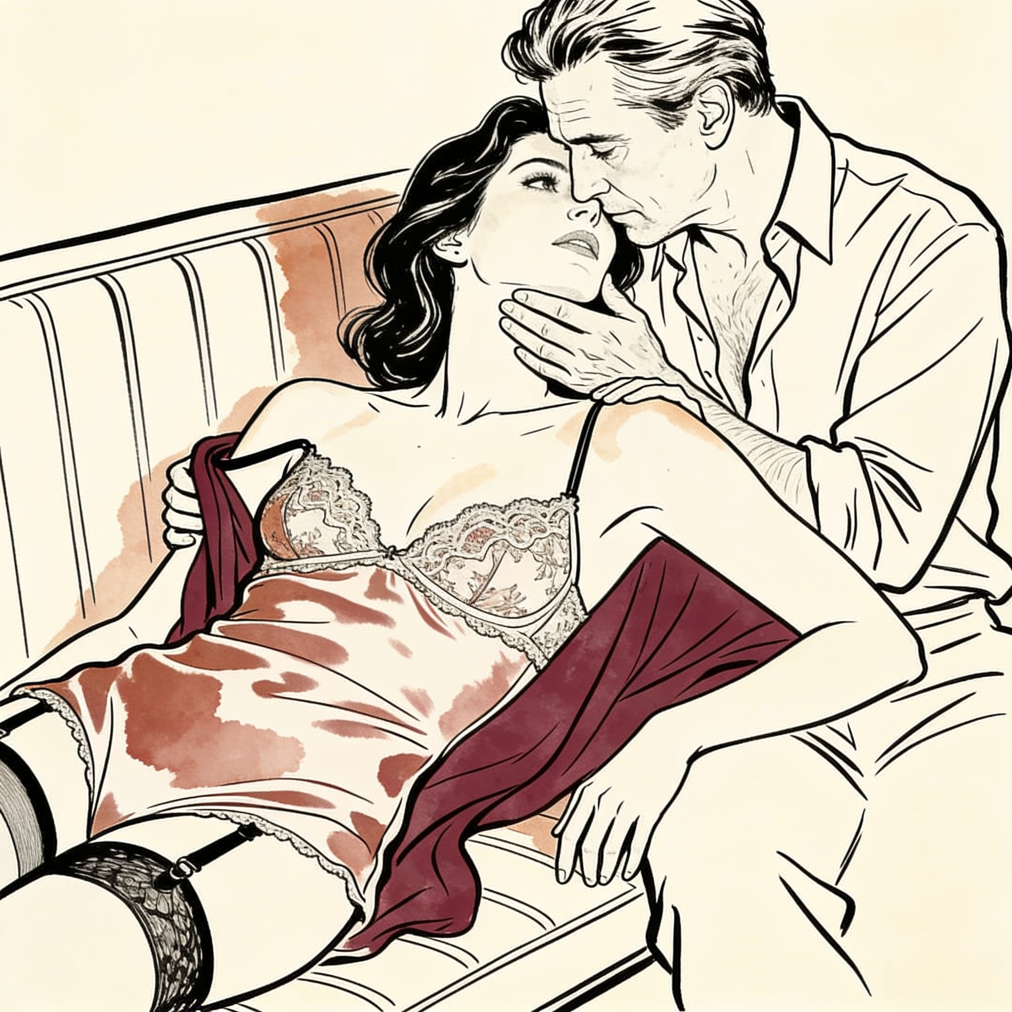 Two women close together on a park bench, sharing an intimate, longing gaze.
