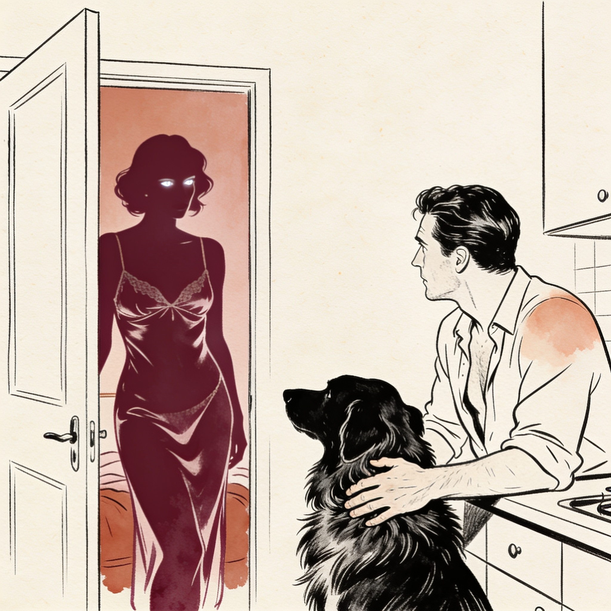 A man pets a dog while his wife watches intently, tension thick in the air.