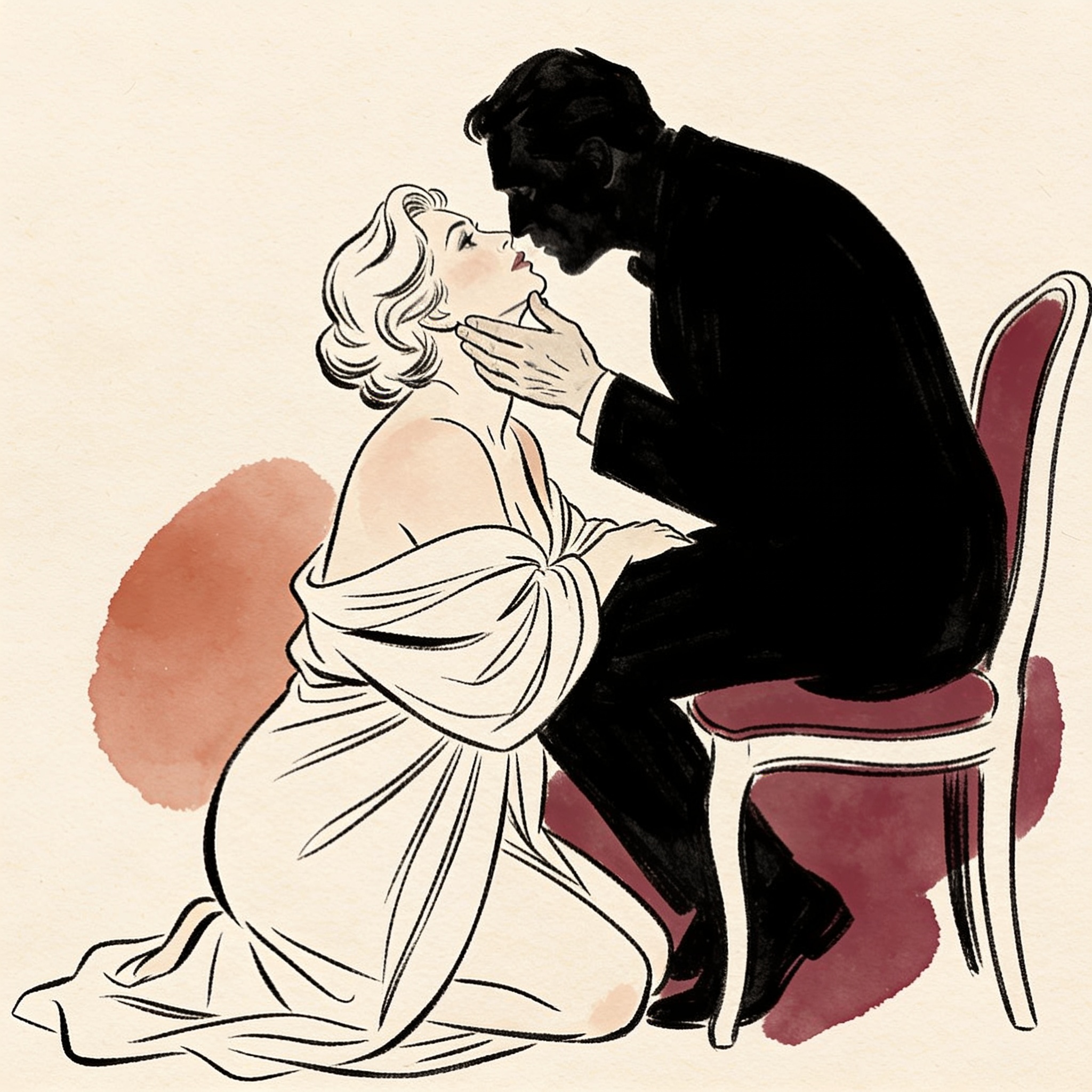 A woman kneels before a seated man in a dim room, he leans in, holding her face, breath...
