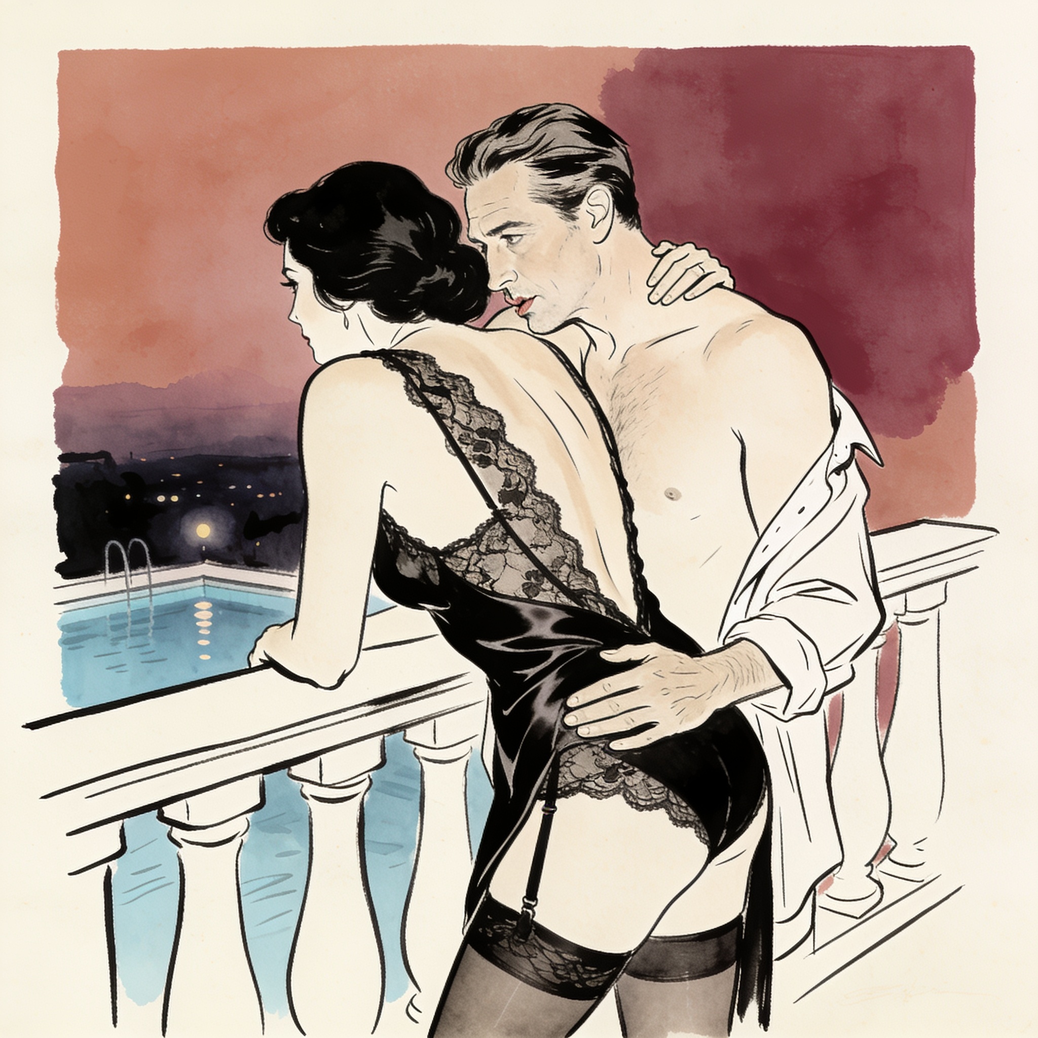 A couple in an intimate embrace on a balcony at dusk, clothed in modern lingerie.