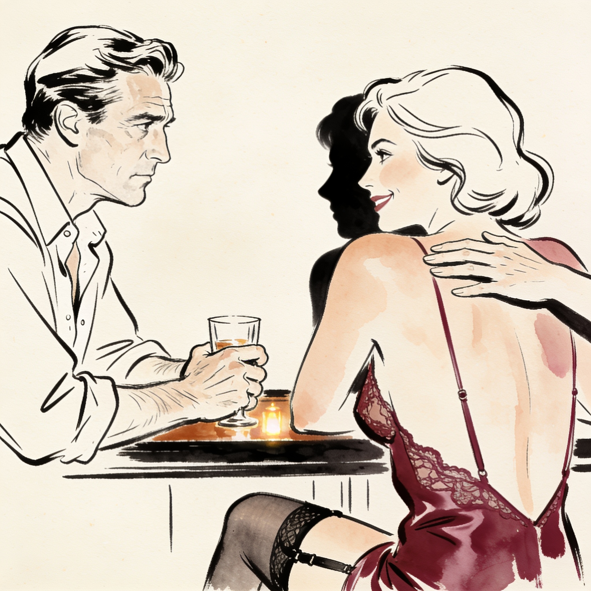 Man watches in a bar as another man touches his smiling wife's bare shoulder.