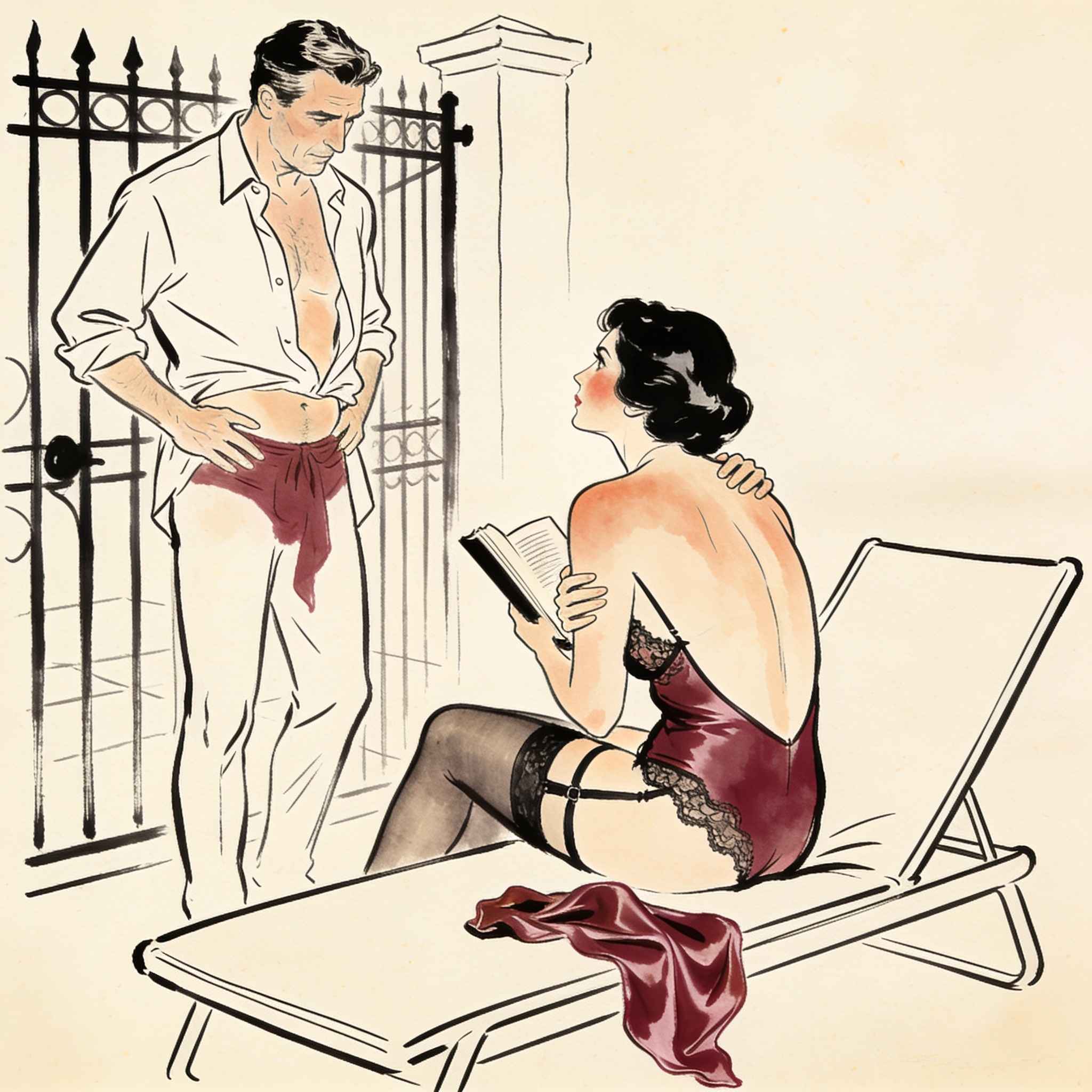 A woman on a lounger holds a book, while a man at a gate gazes at her.
