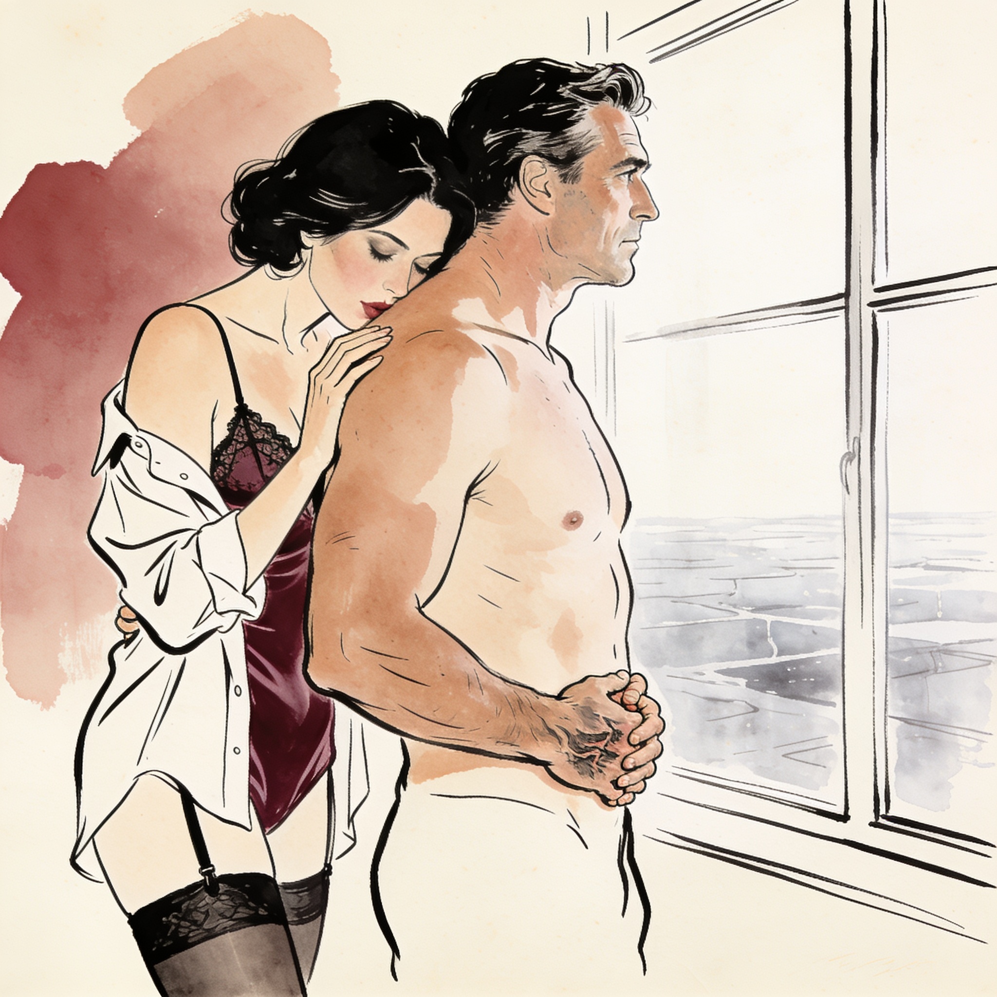 A woman in an oversized shirt leans against a man's bare back, holding his hand.