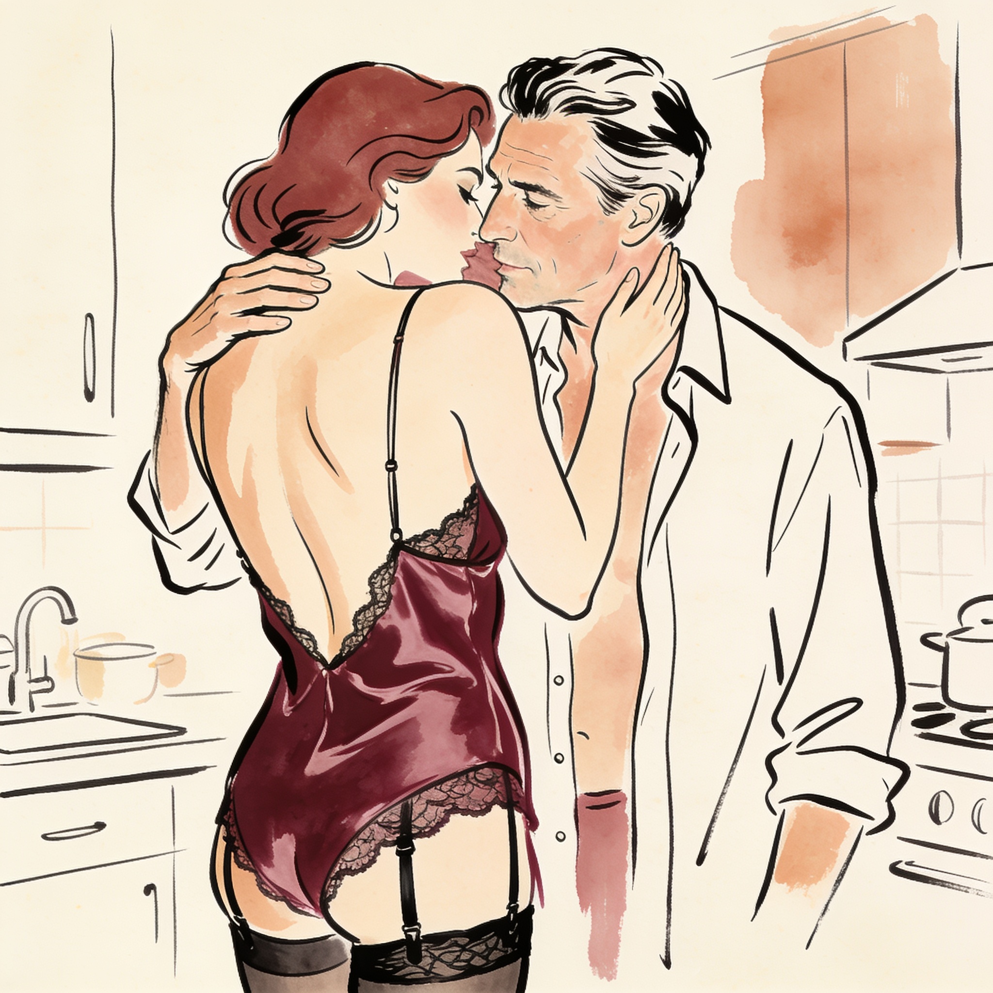 A man and woman embrace in a kitchen; his lips near her shoulder as she leans back agai...