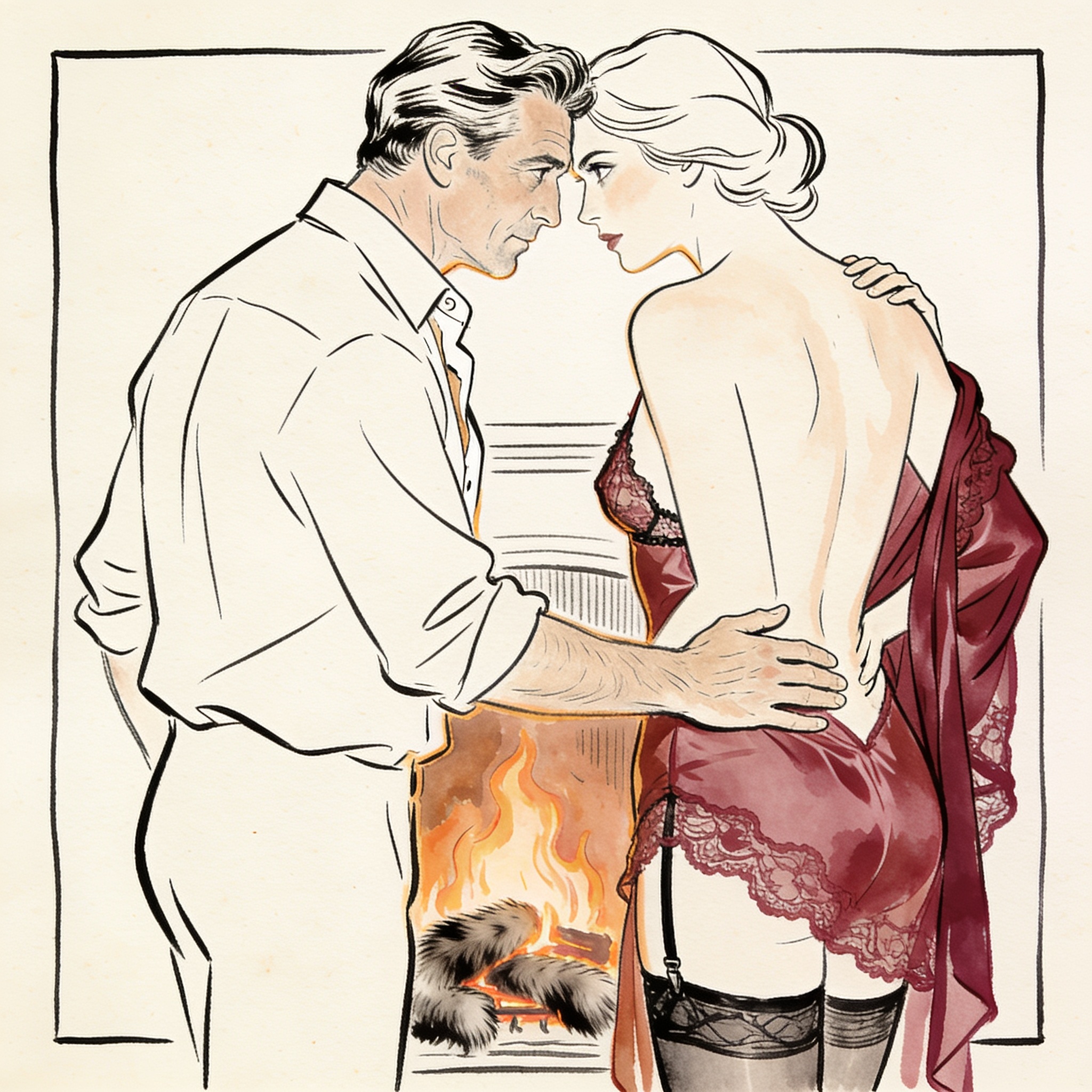 A woman in red lace lingerie is guided towards two men by the fireplace.