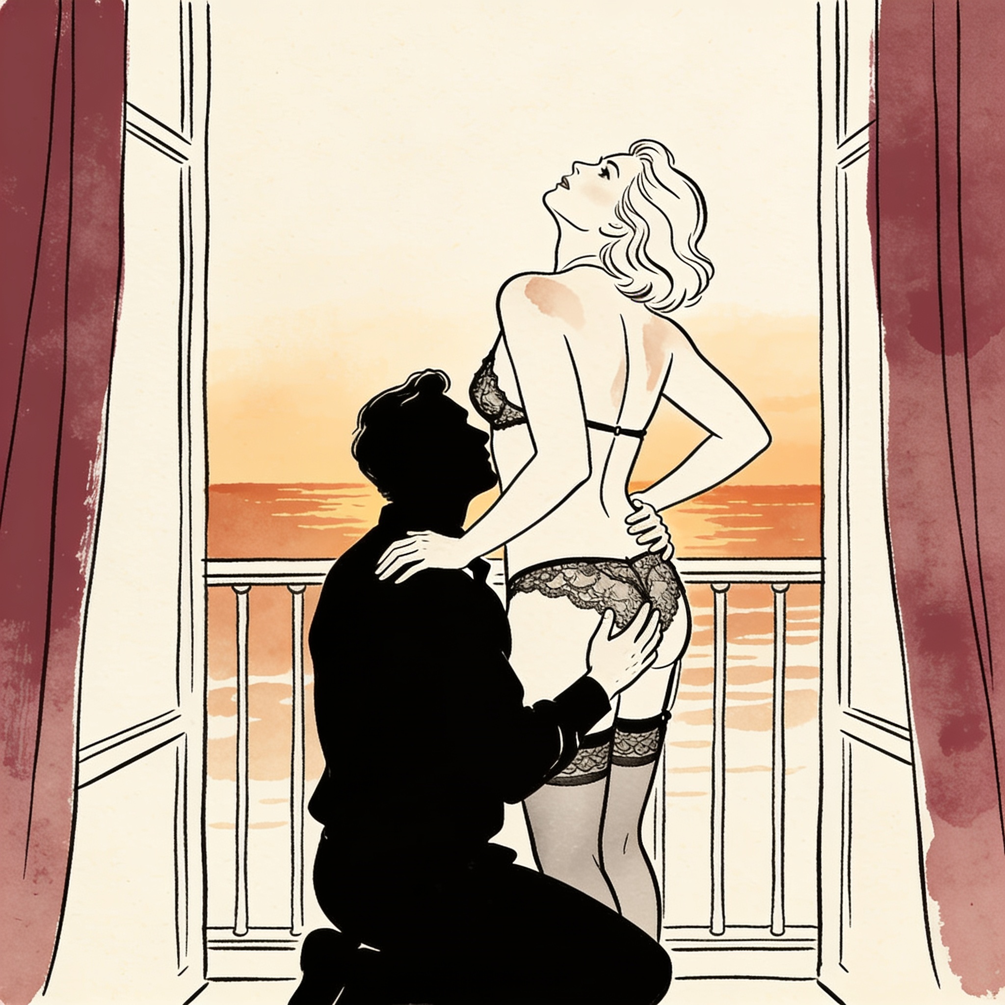 Silhouetted couple in intimate embrace on a balcony at sunset.