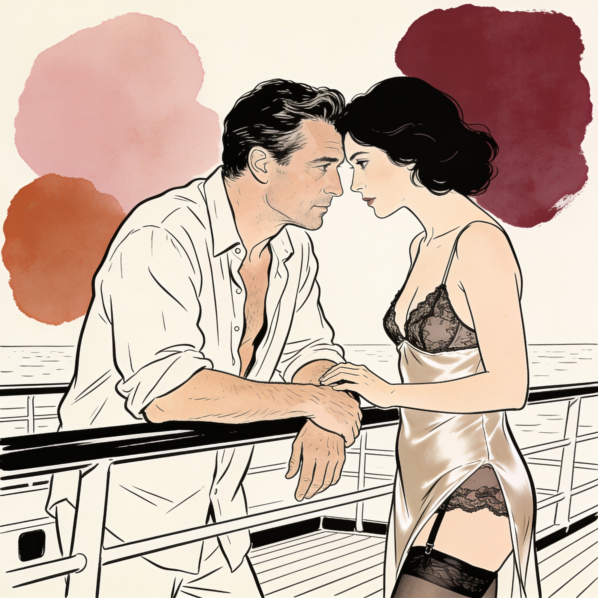 A couple shares an intimate, longing gaze on a ferry deck.