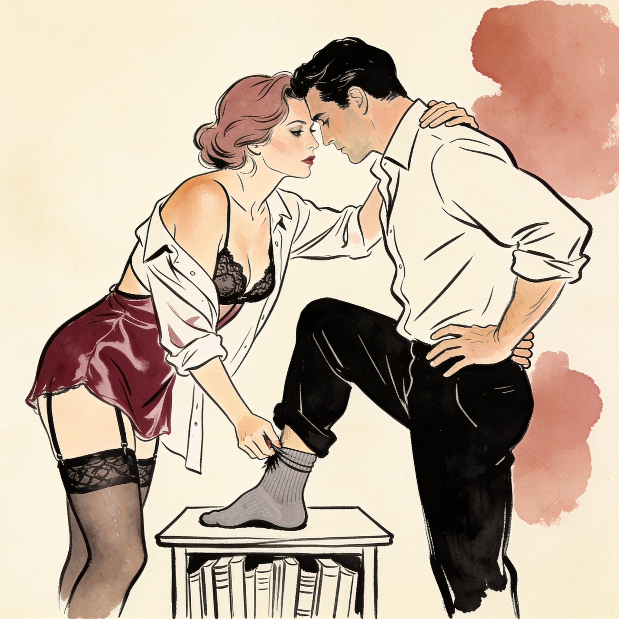 Woman teasing a man under a library table, charged tension in their close proximity.