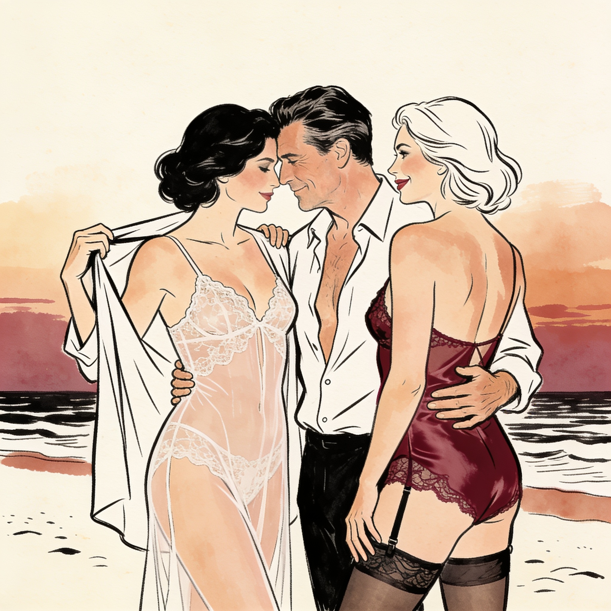 A couple on a beach, their foreheads touching, as a third person in a sheer slip steps ...