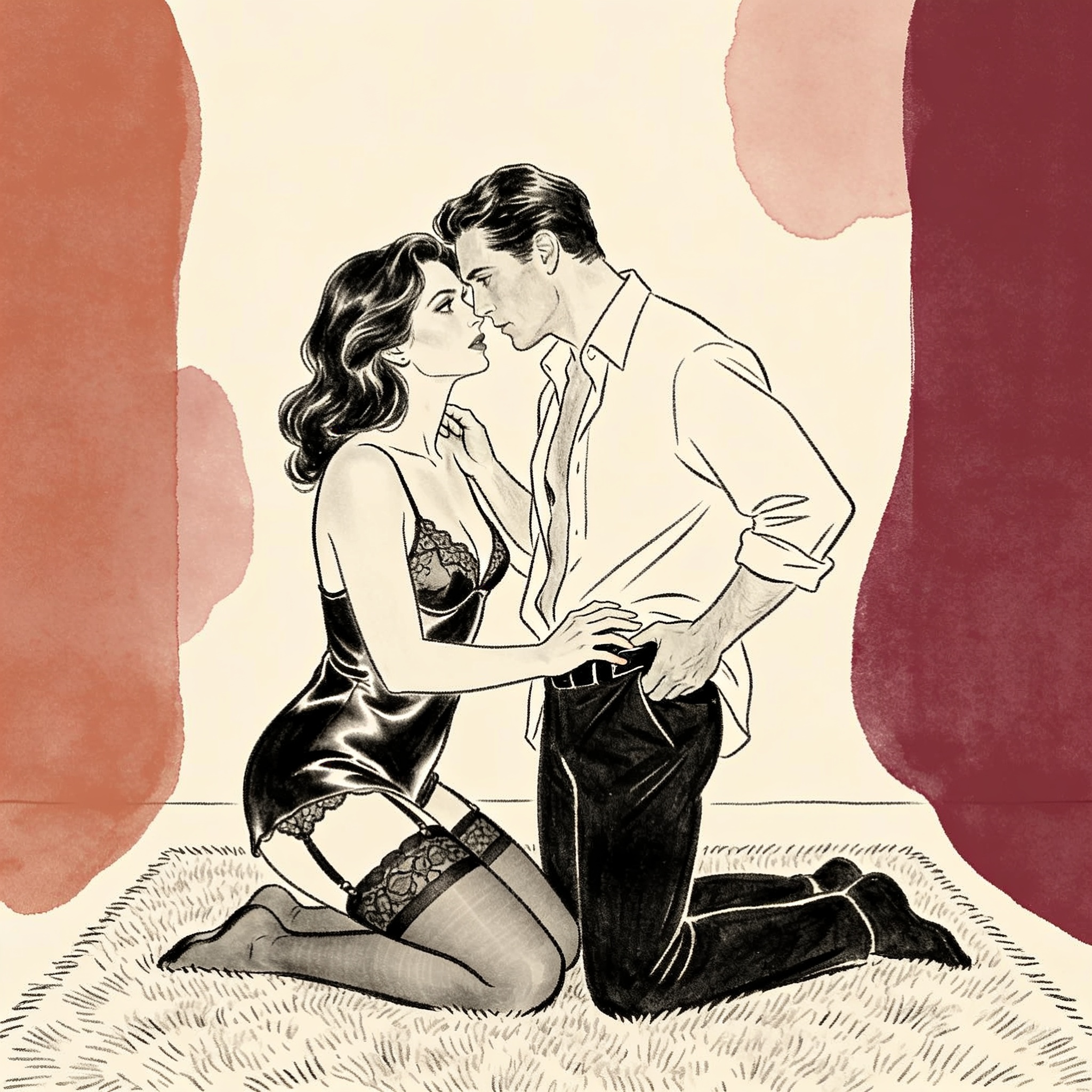 A muscular woman in lingerie kneels, looking up at a man as she begins to undo his shorts.