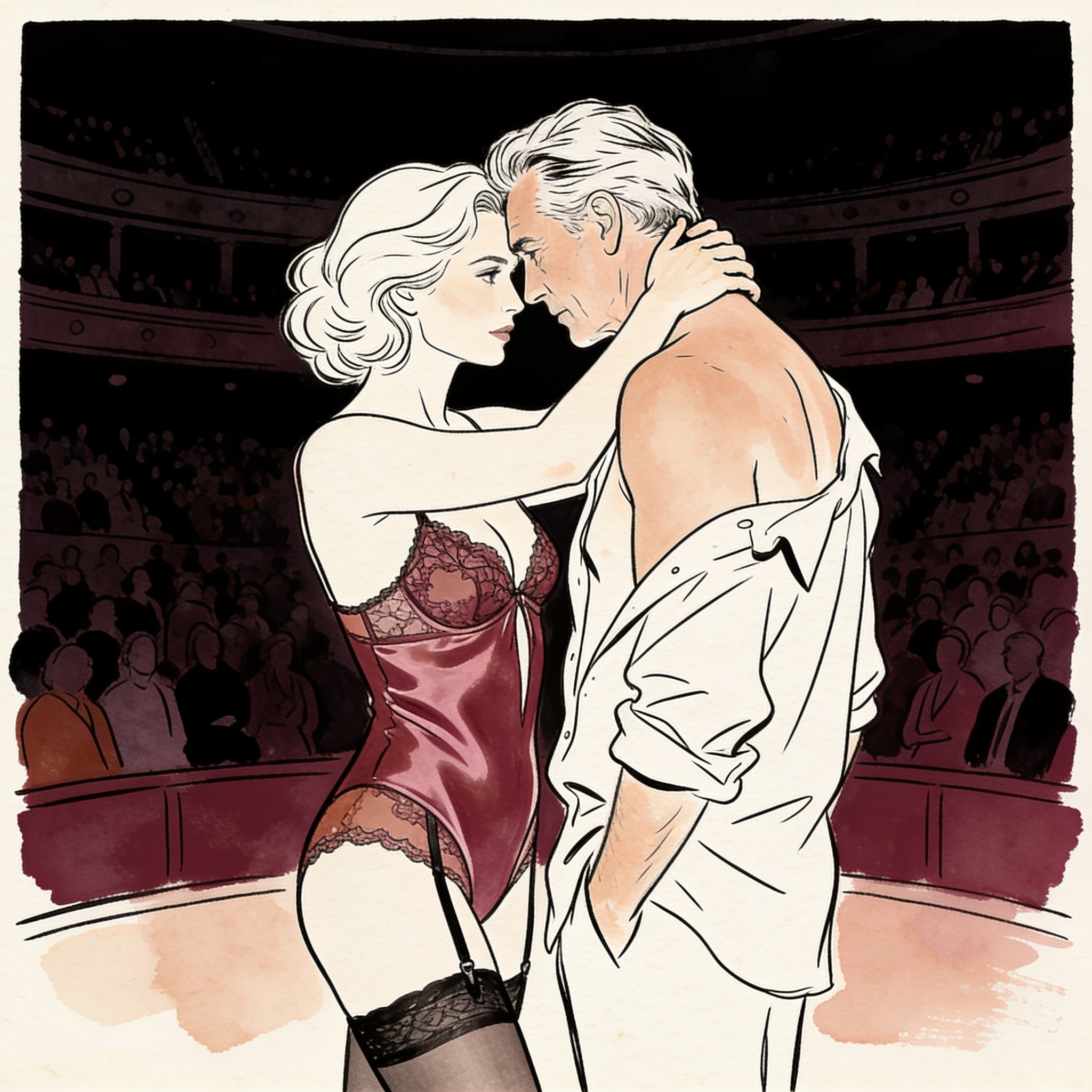 Woman's hand on man's neck as they share a charged glance in a dark concert crowd.