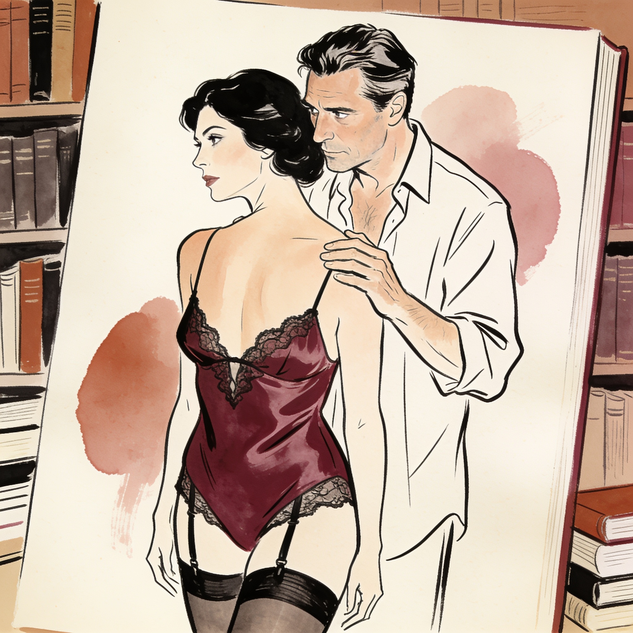 A man's gaze falls on a woman's neck as her husband looks away.