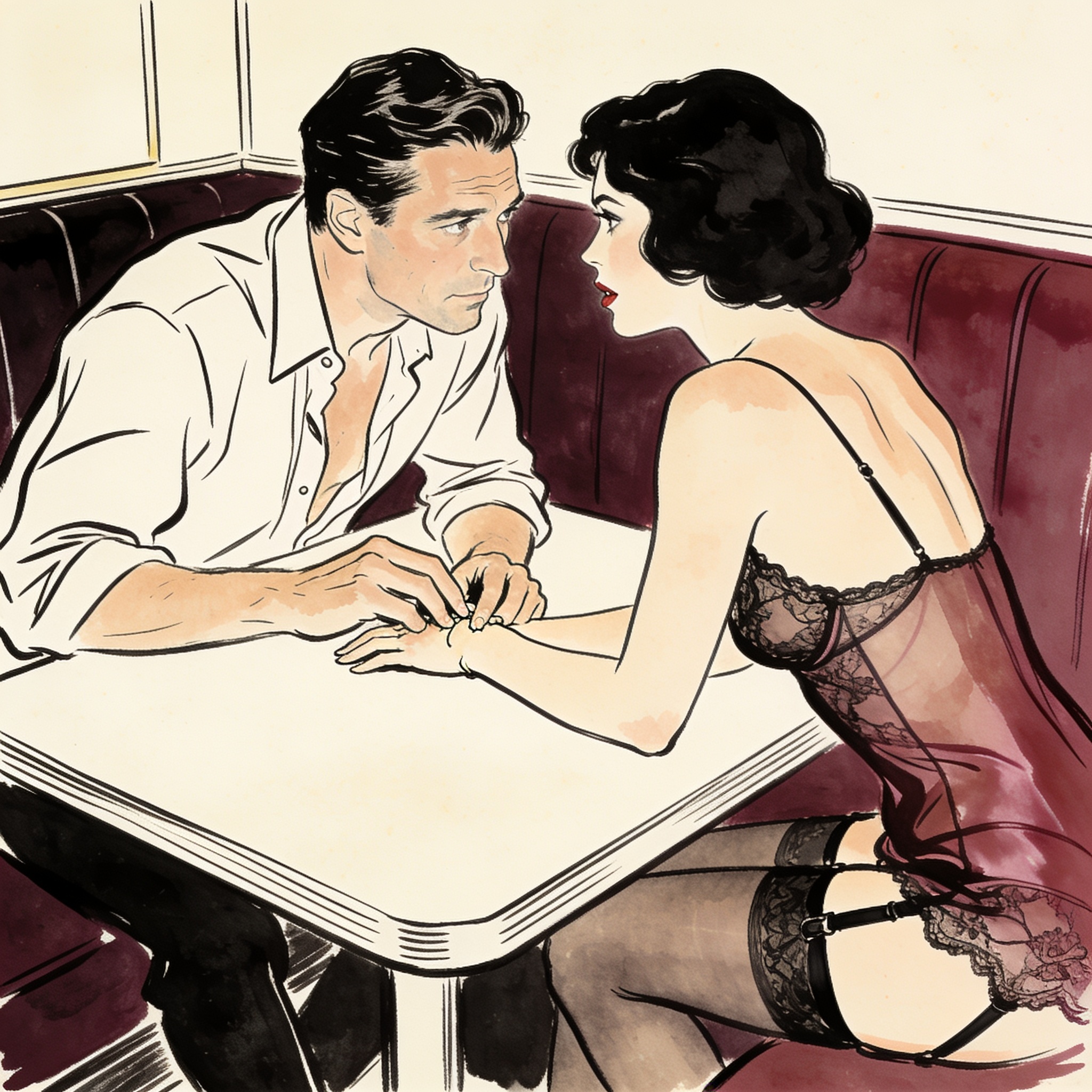 Man leans close to woman in a dimly lit bar booth, sharing a charged secret.
