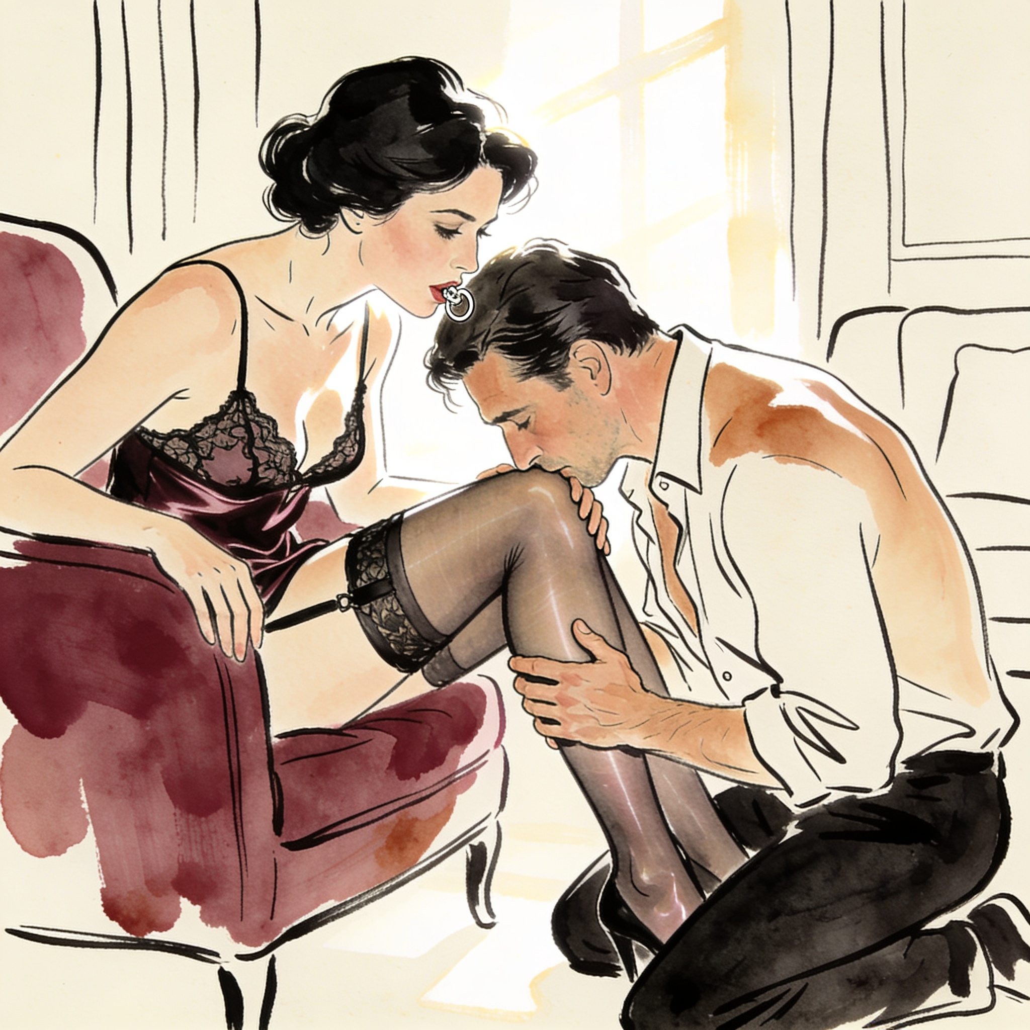 Woman whispering a secret to her kneeling partner in a sunlit room.