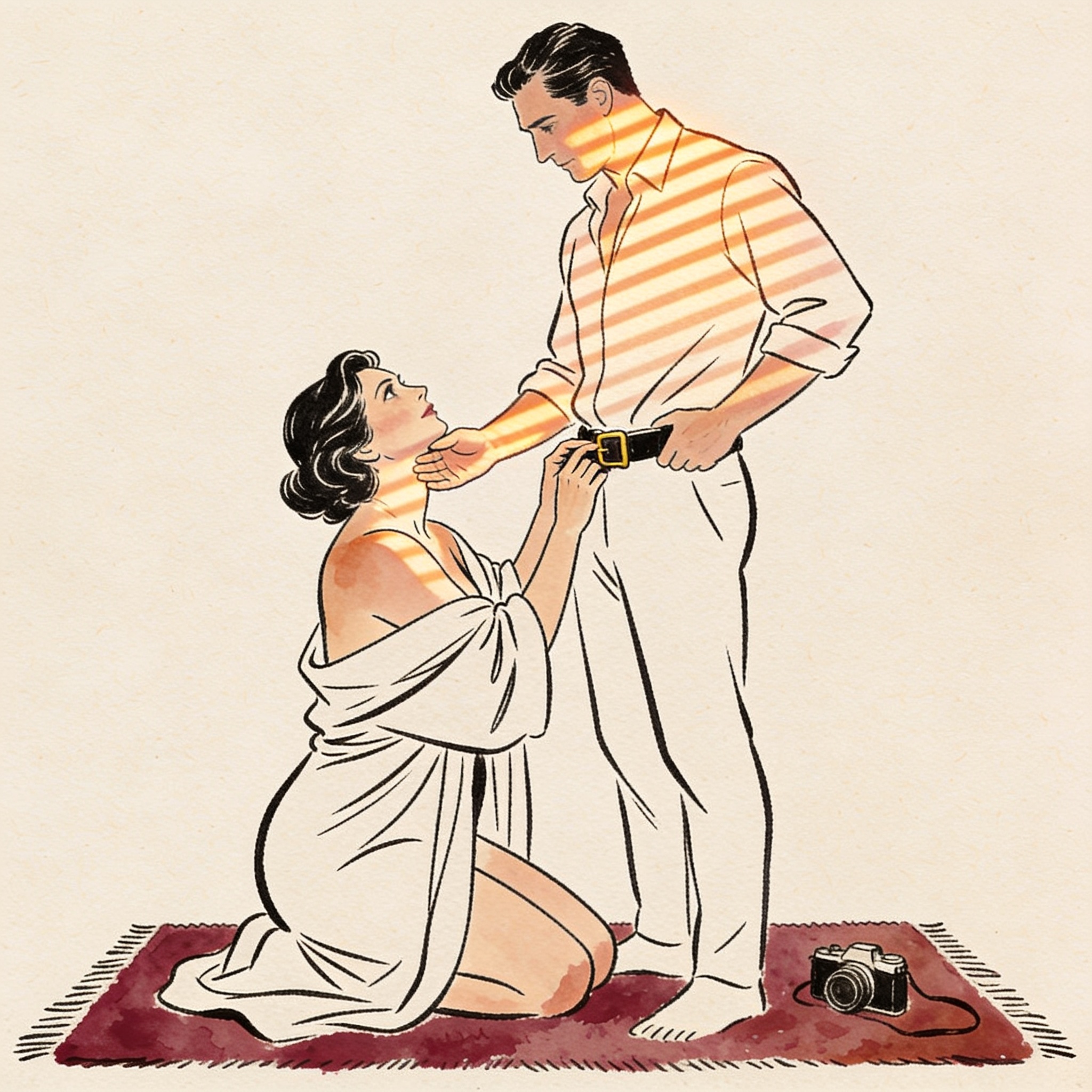 A woman on her knees reaches for a man's belt as he tilts her chin up, desire in their ...