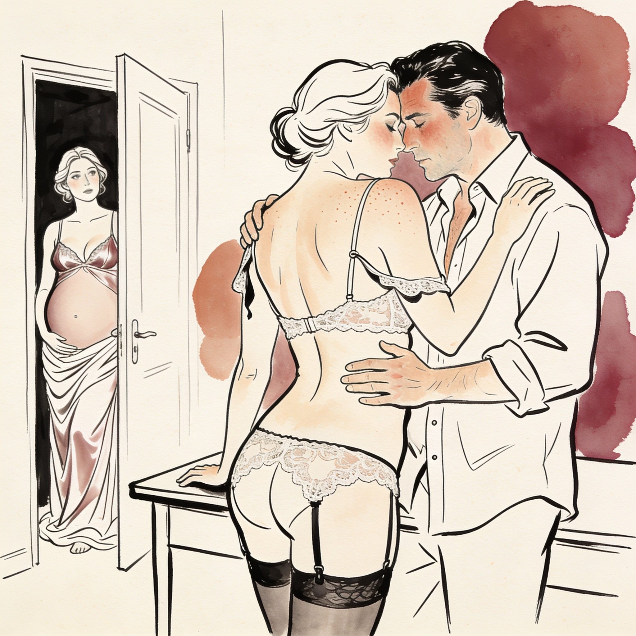 A couple in intimate, tense embrace while a third watches from a doorway.