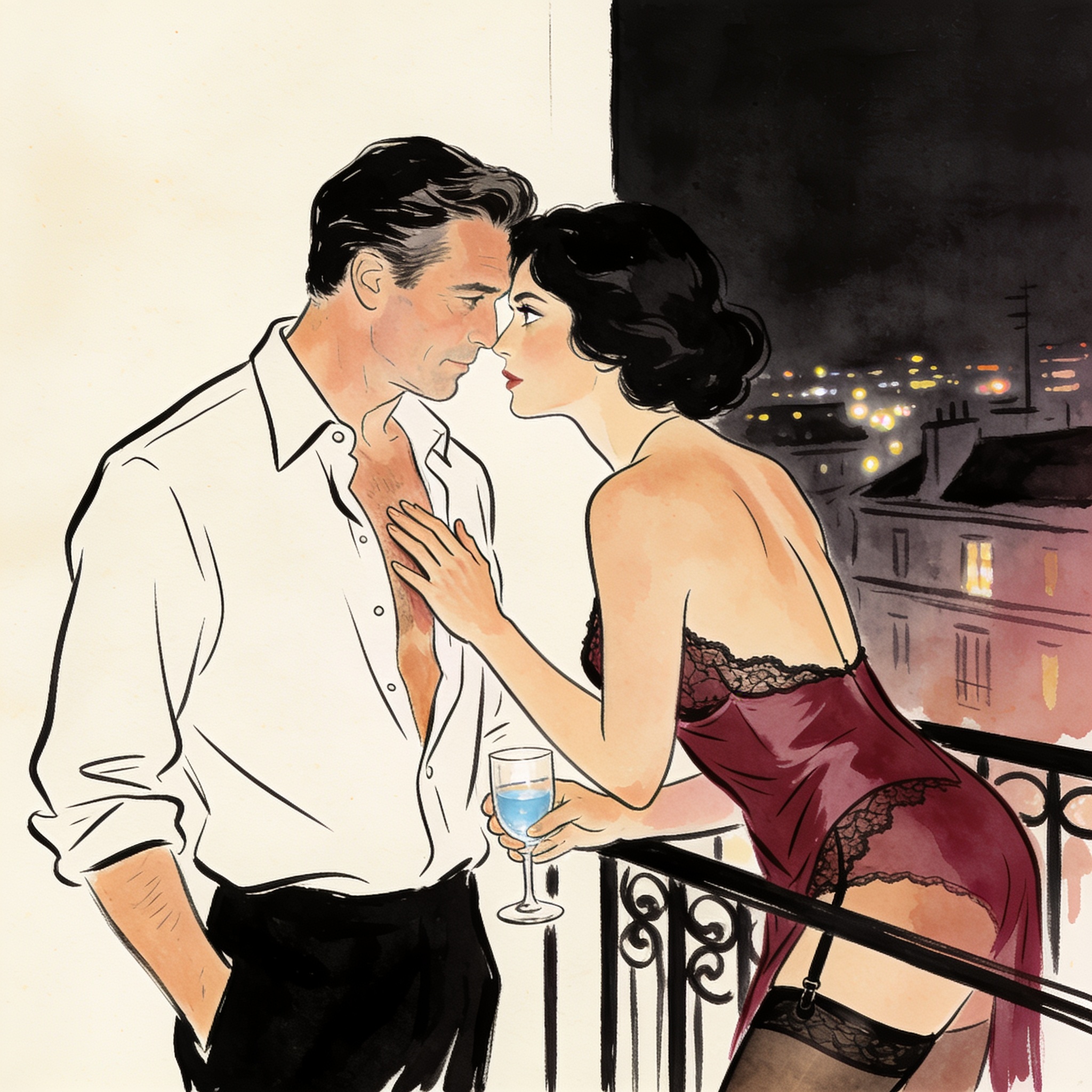 A man and woman in a charged moment on a balcony at night, her hand on his chest.