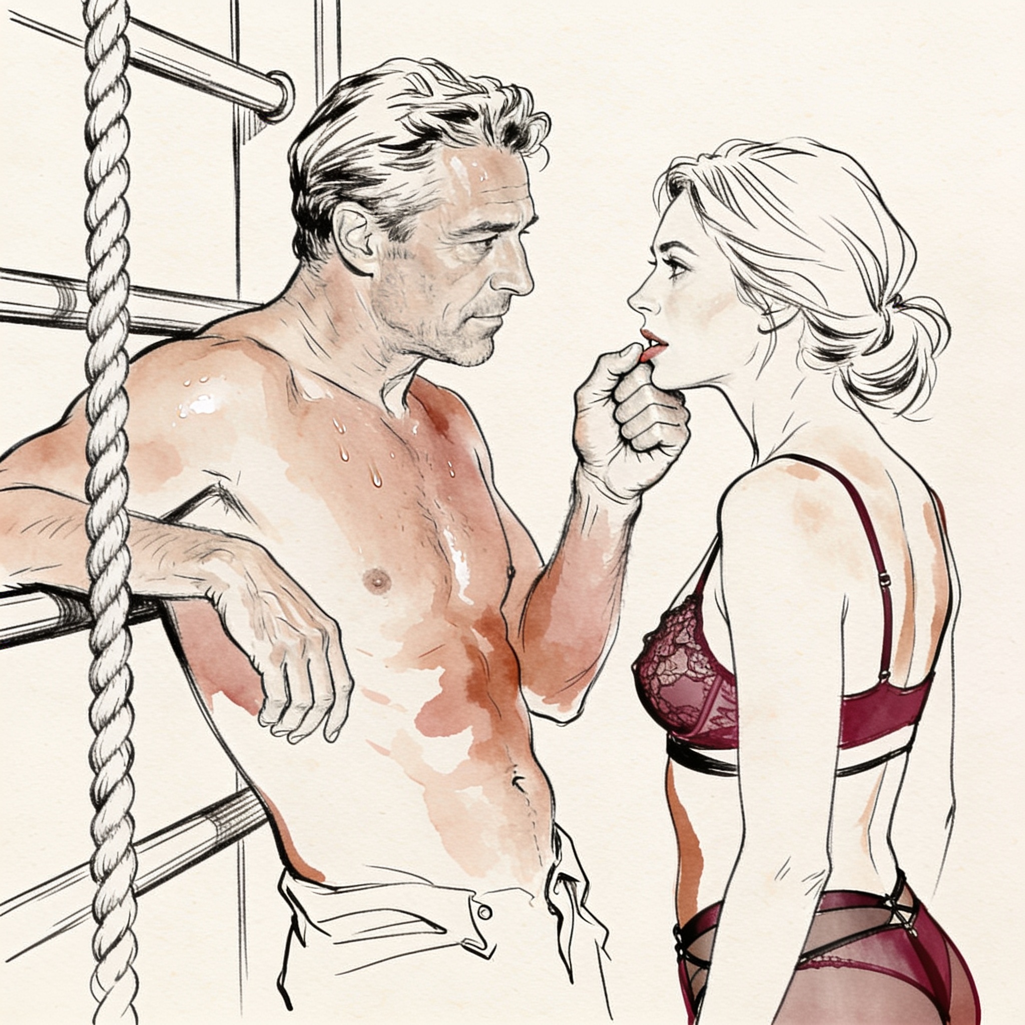 Boxing coach leans close, his knuckles grazing her cheek as she bites her lip.