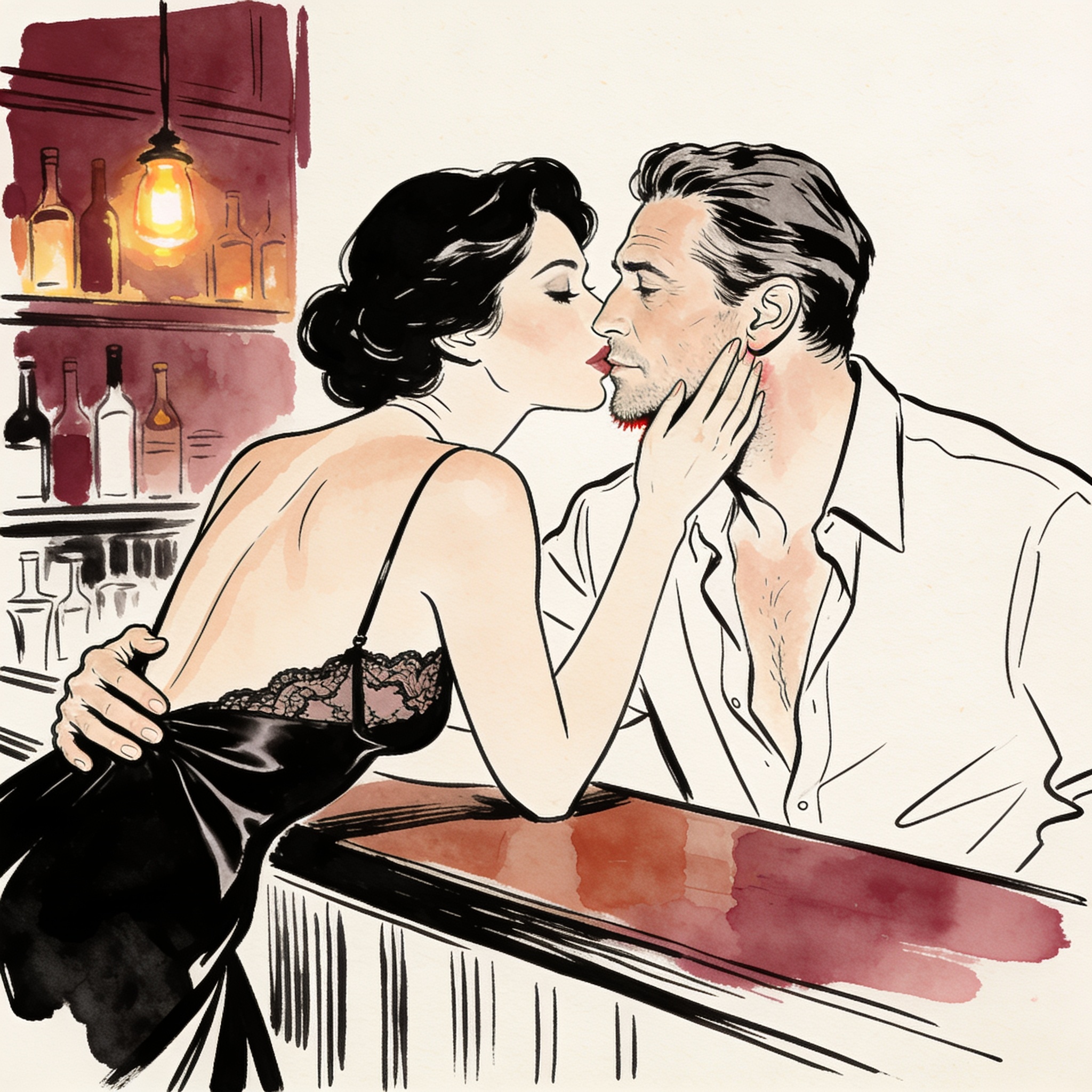 Woman in backless gown leans close to a man at a bar, lips near his ear, in a warm tavern.