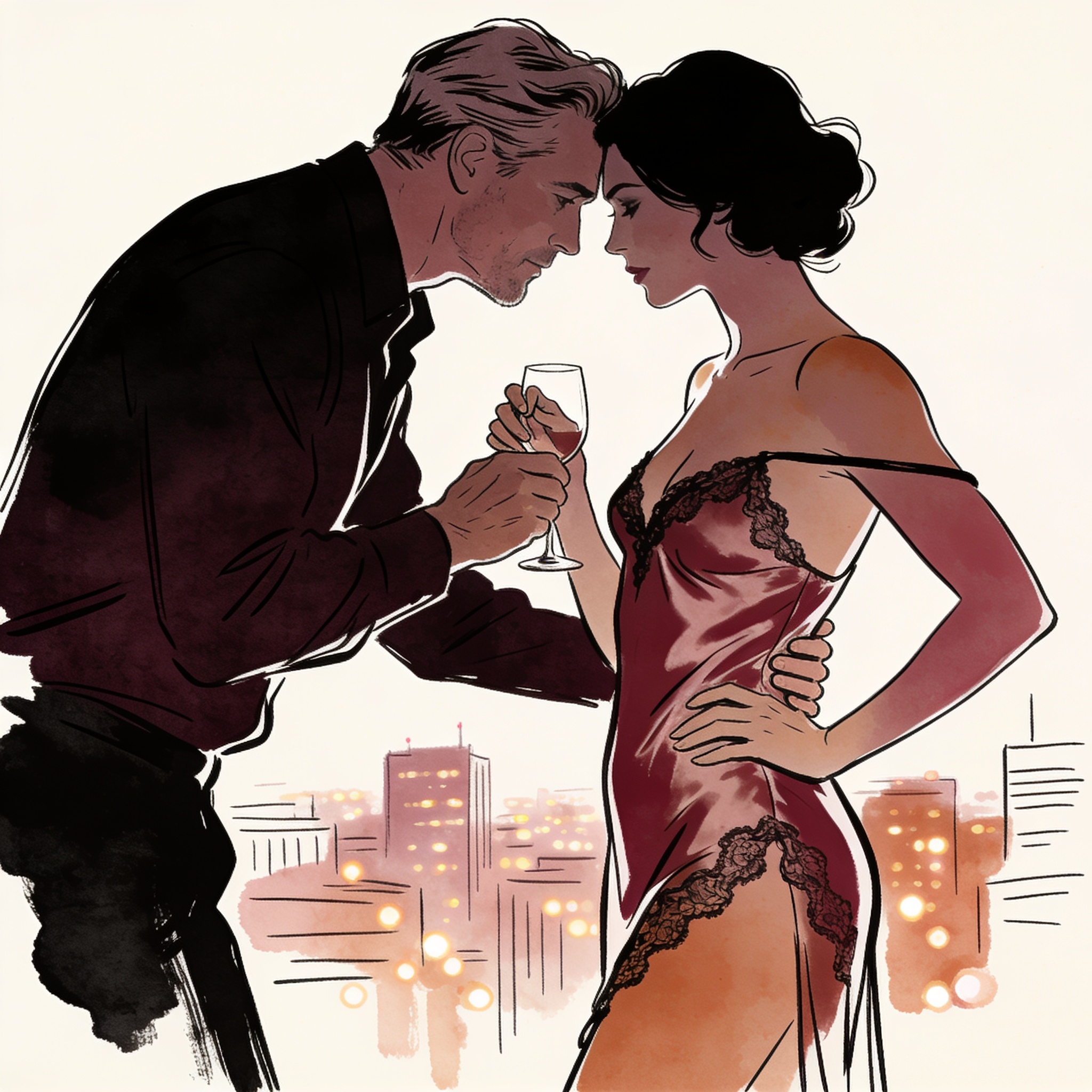 A man takes a wine glass from a woman in a silk slip, their intense gaze held.