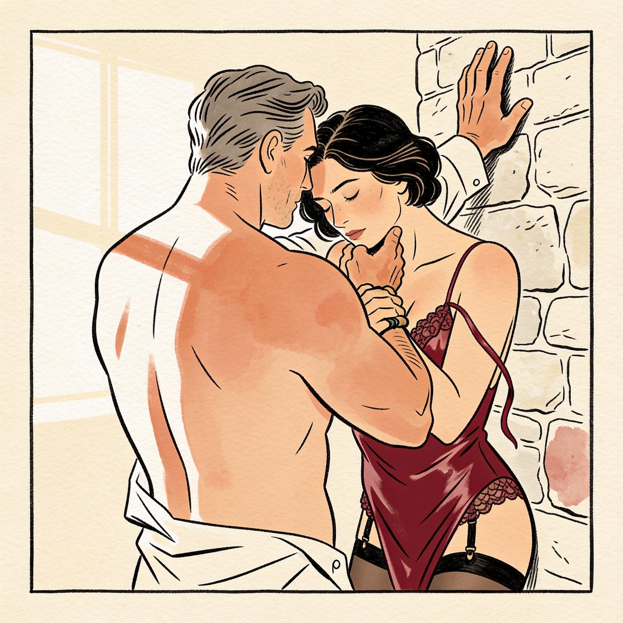 A man holds a woman's wrist against a stone wall, her head bowed against his chest.