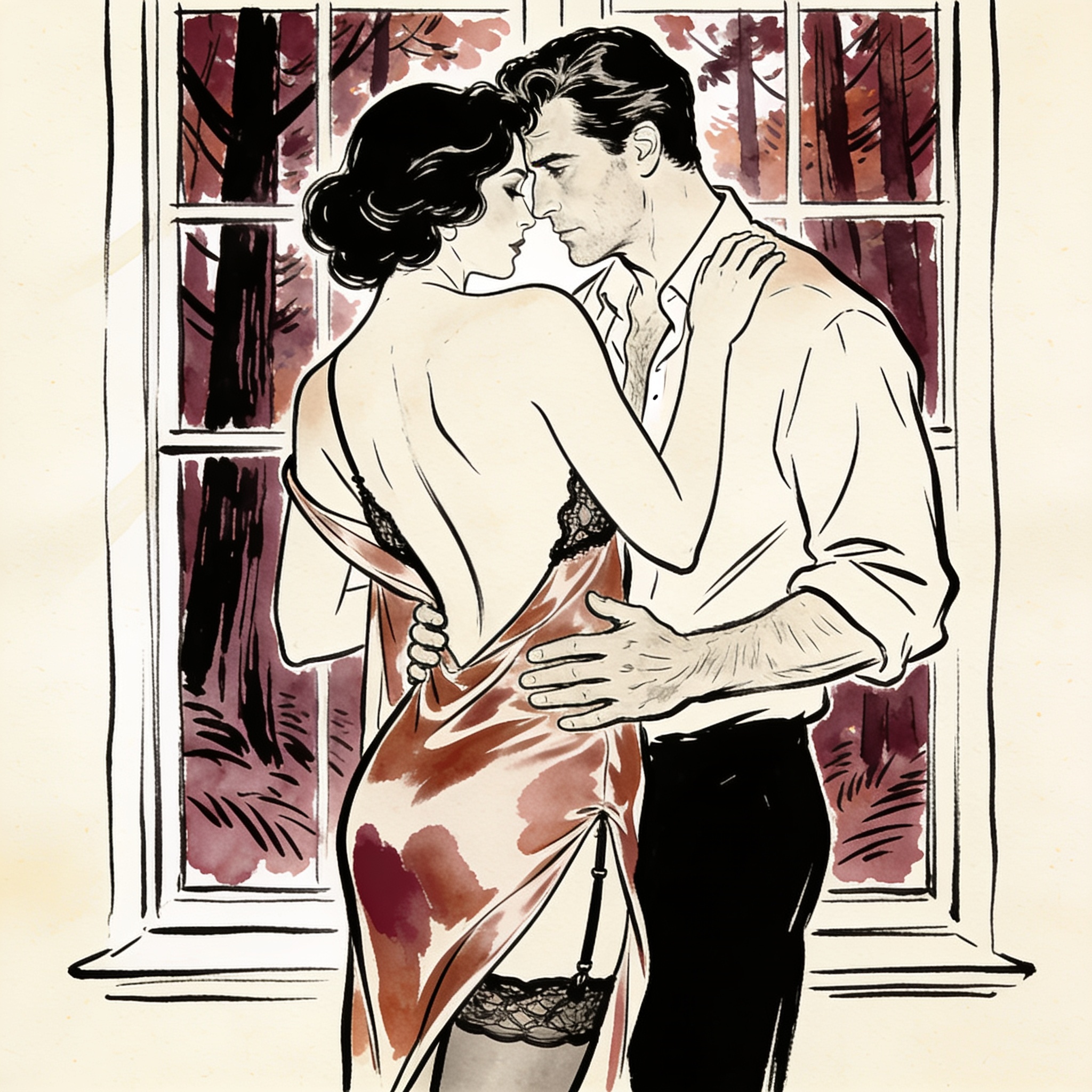 Queen in silk negligee leans into a lord's embrace, both looking out a window.