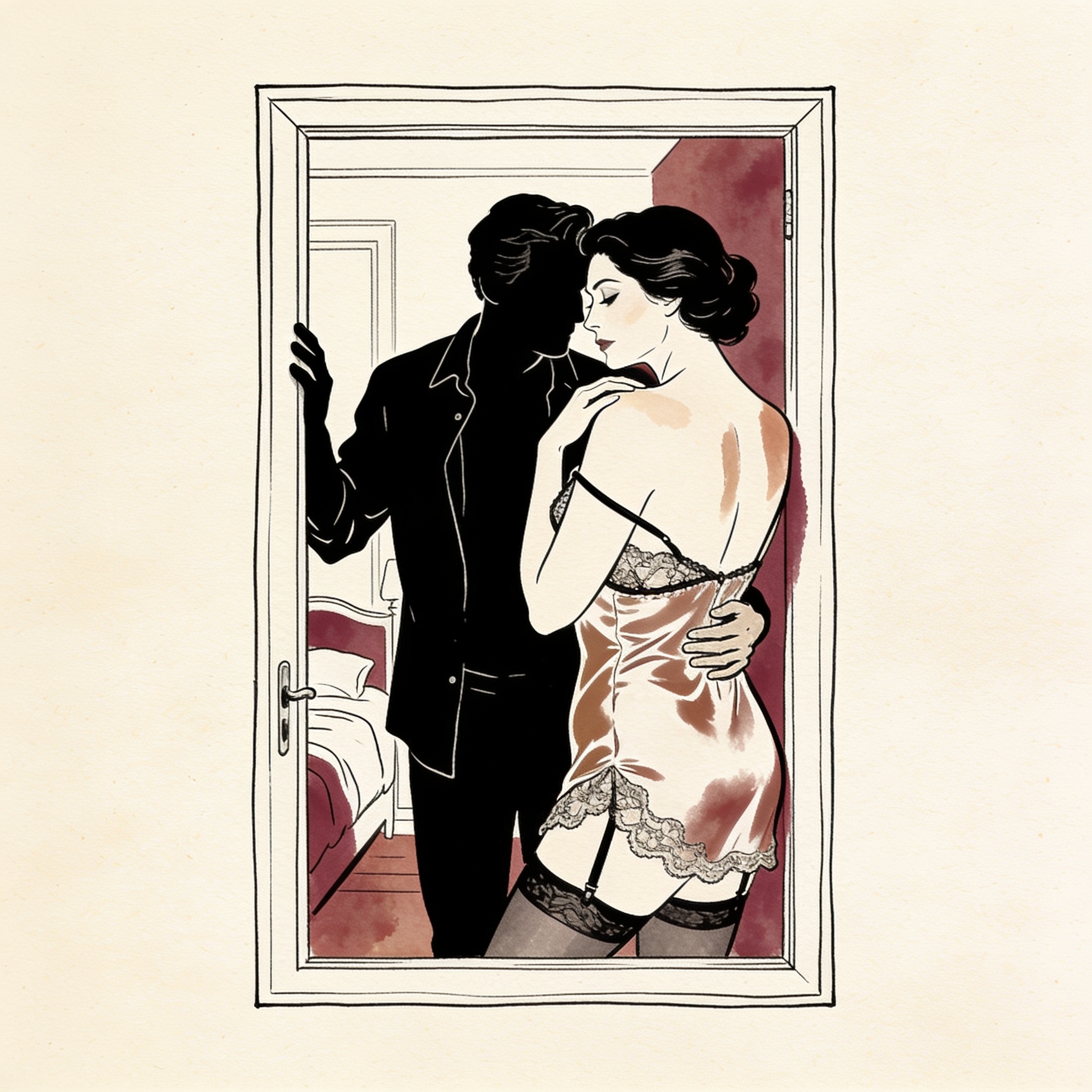 A woman in a silk slip smiles knowingly from a doorway, a man paused in the hall.