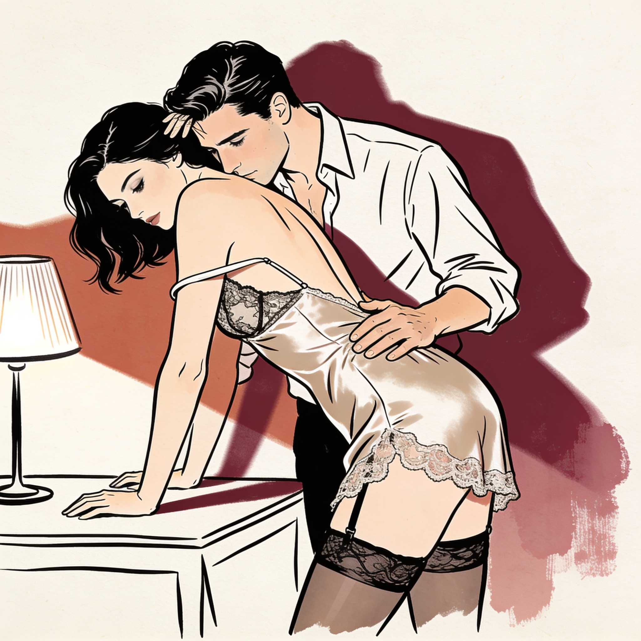 A man's hand rests on a woman's bare back as she bends forward, their faces close in a ...