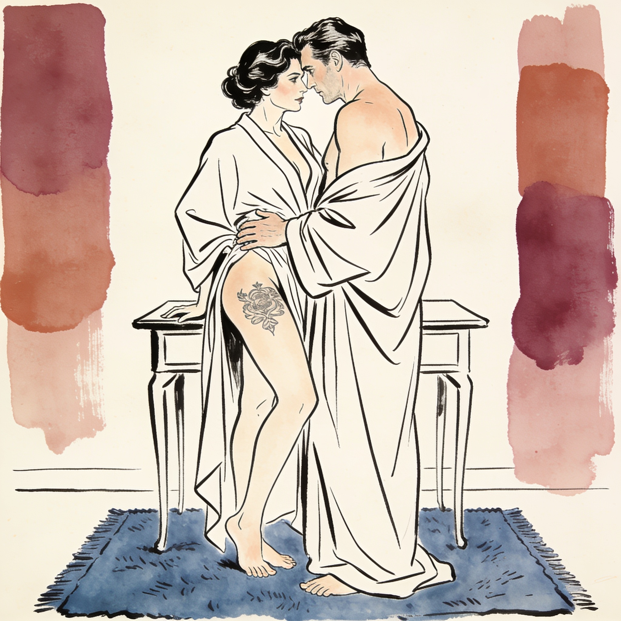 A man and woman share a tense, intimate gaze in an office; her robe is open at the hip.