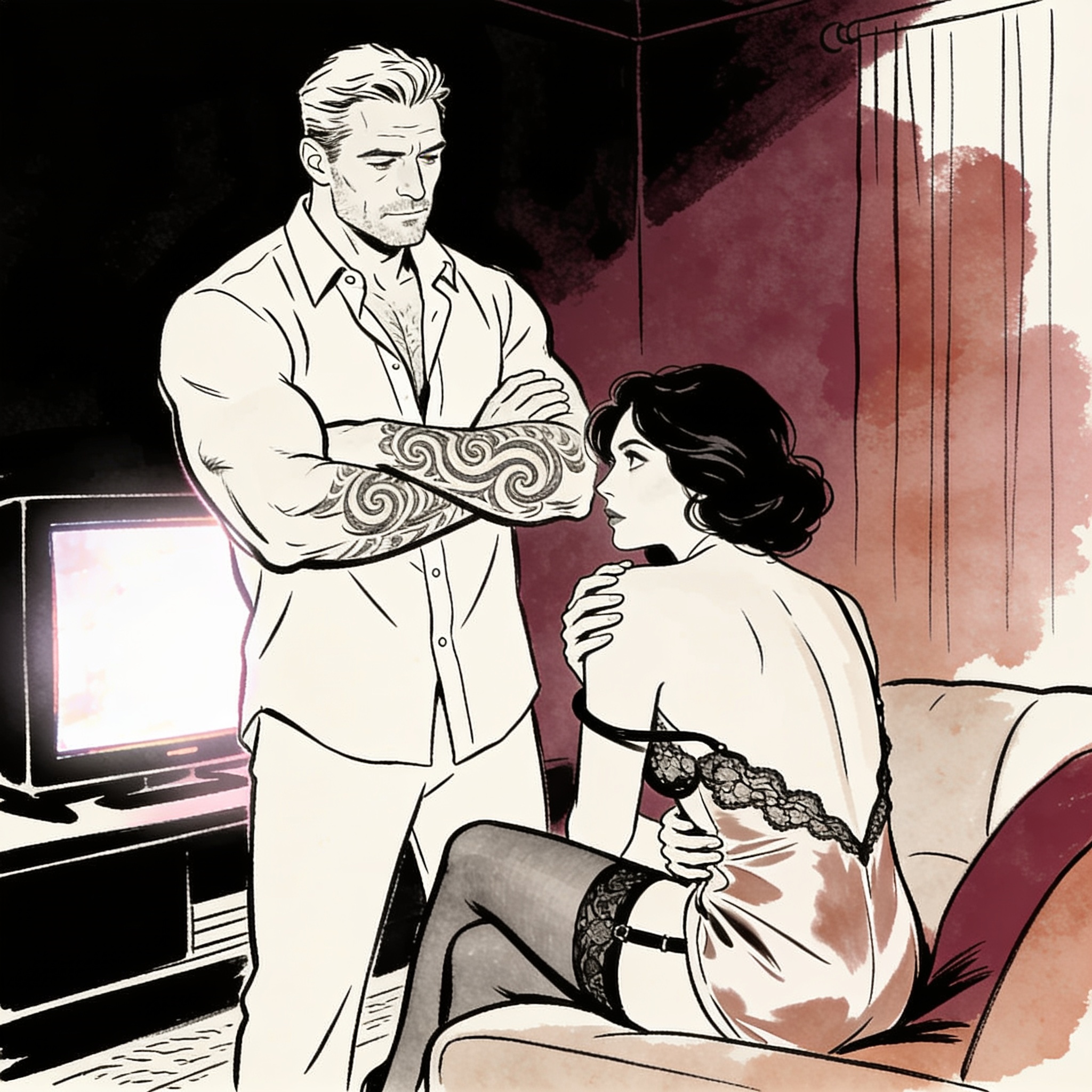 Woman in lace negligee turns to meet a man's intense gaze in a dim room.