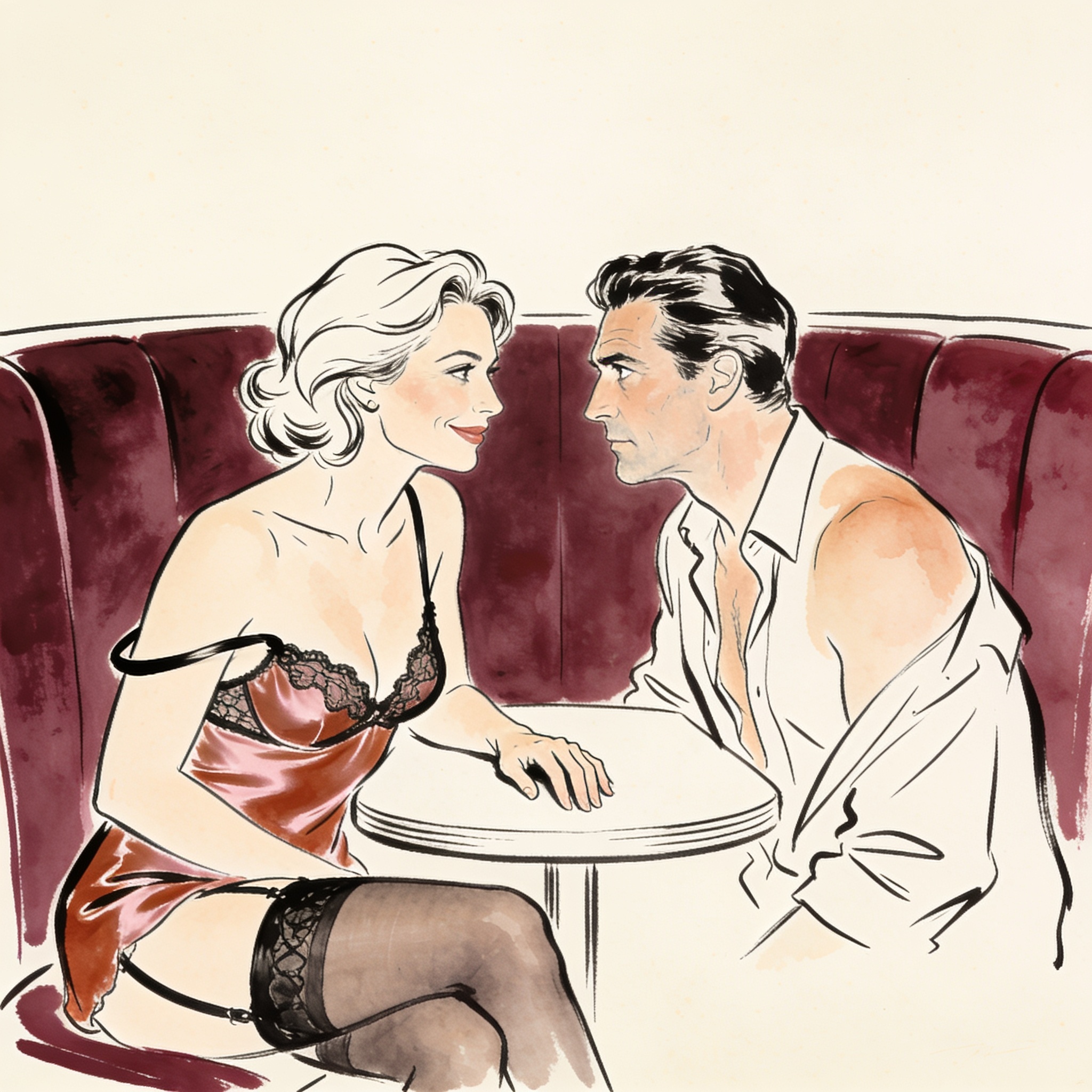 A couple shares a charged look; her camisole strap slips from her shoulder.
