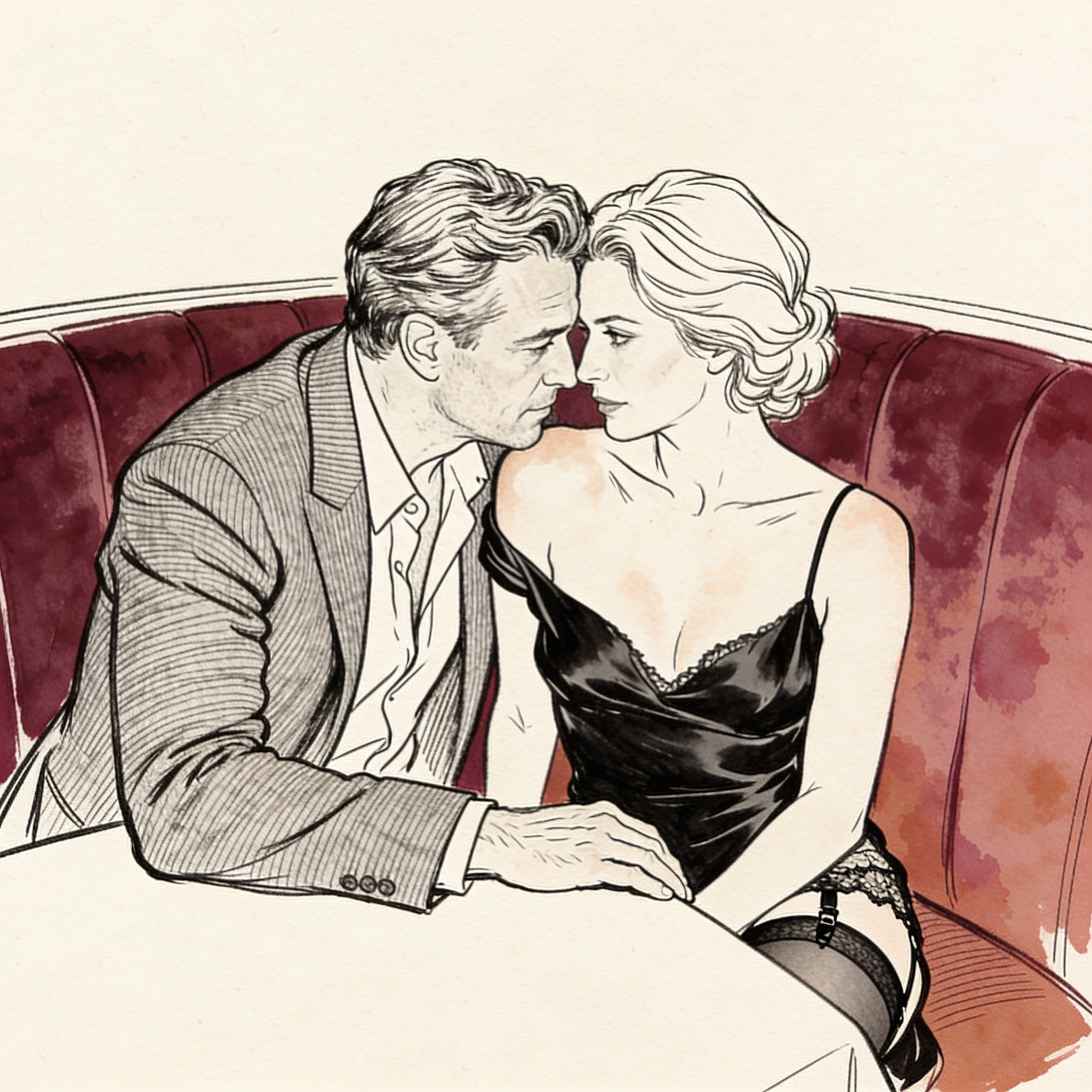 A man and woman in a booth, foreheads close, her camisole strap slipped off her shoulder.