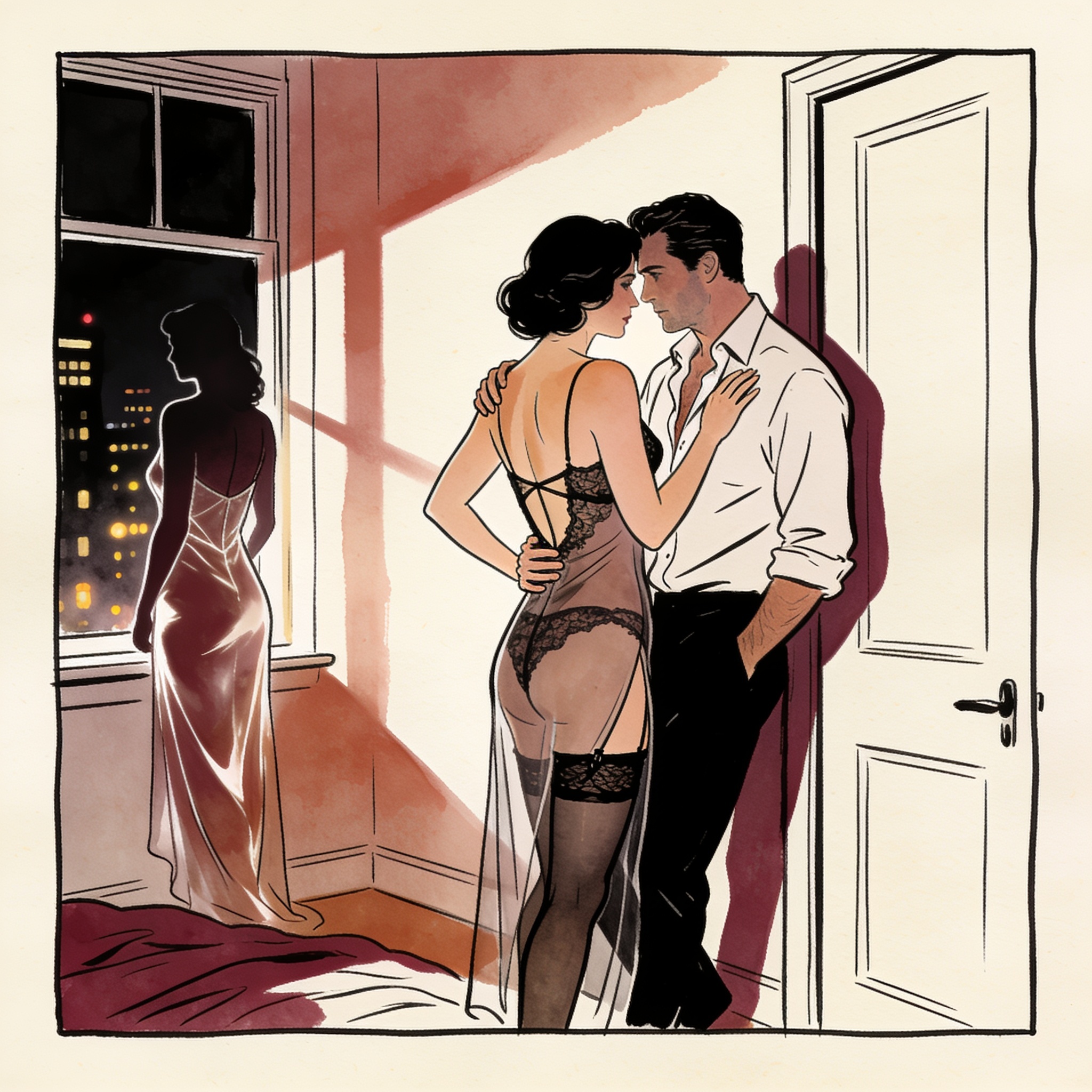 A couple shares a longing gaze in a dim room, tension palpable between them.