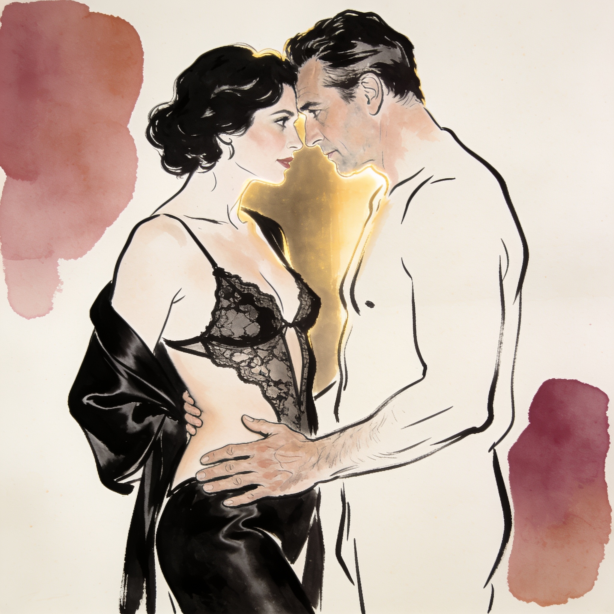 A couple in an intimate embrace, foreheads touching in a softly lit room.
