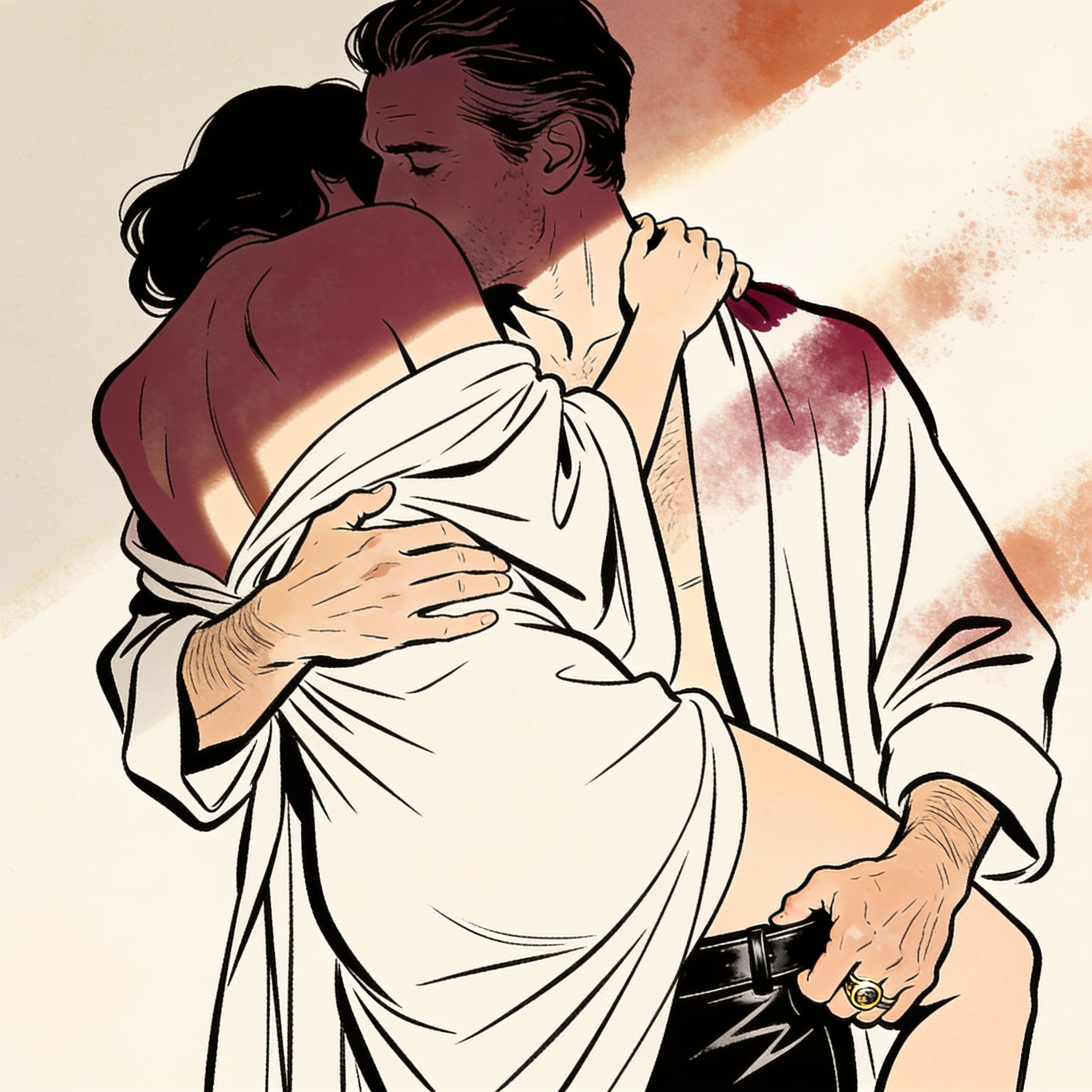 A man lifts a woman in a tight embrace, their foreheads touching in a sunlit cafe.