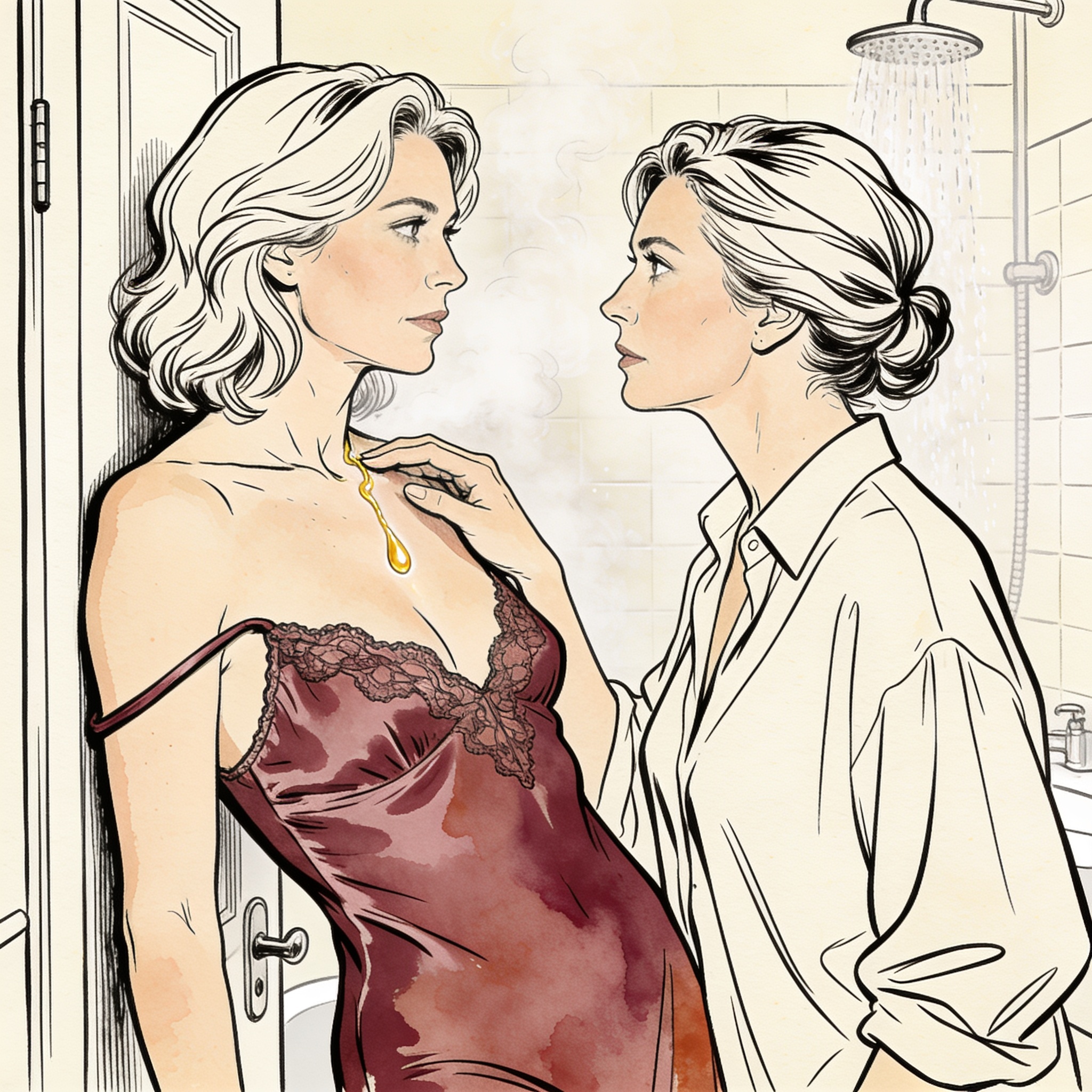 Two women in a steamy bathroom, a drop of oil tracing one's collarbone as they exchange...