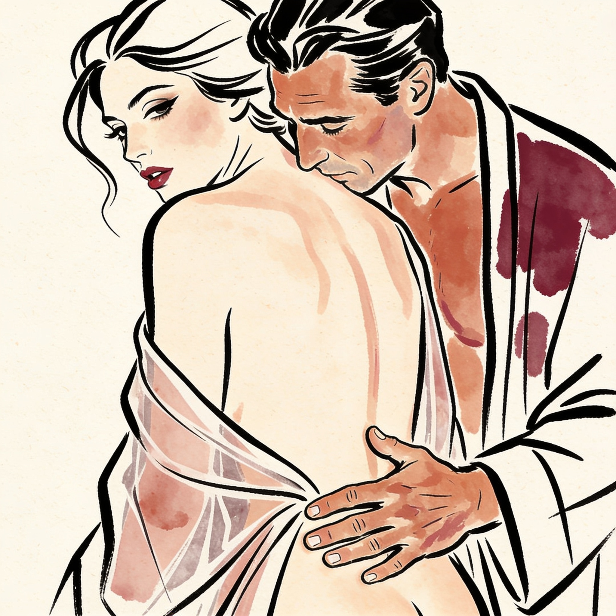A man and woman embrace intimately, foreheads touching, in a tasteful line-art illustra...