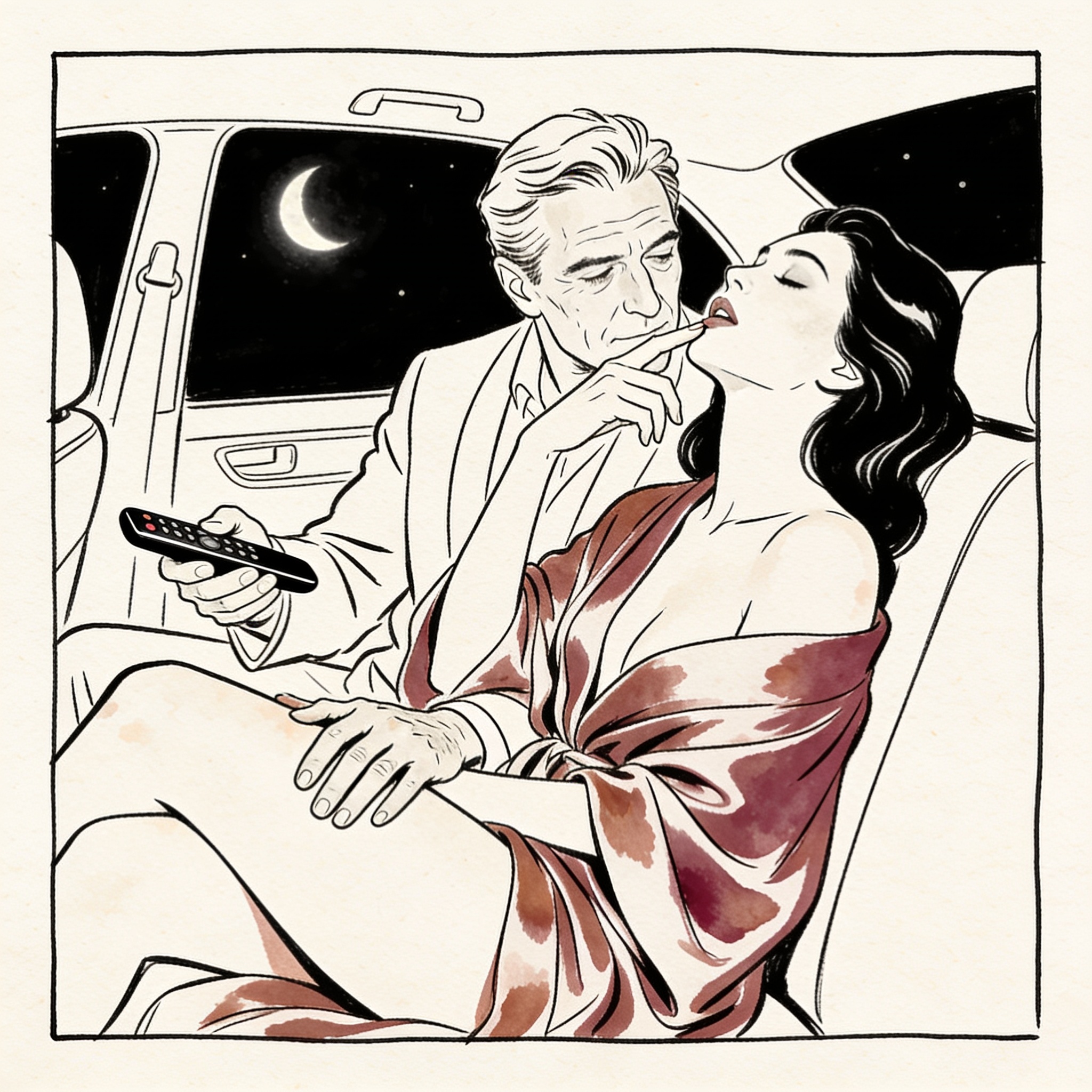 A man with a remote touches a woman's thigh in a car's backseat, her lips parted as she...