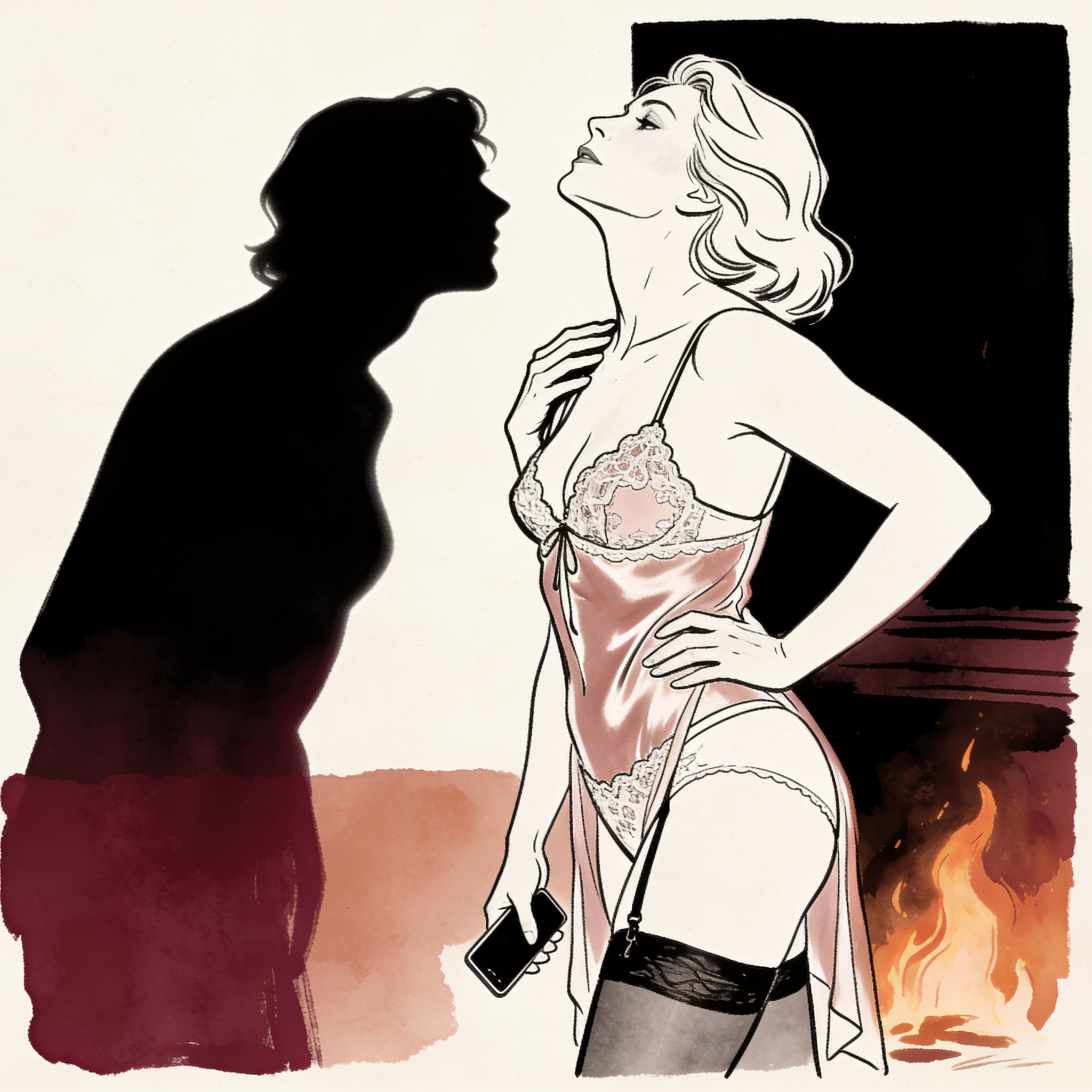 A woman in lingerie meets a stranger's gaze by a fireplace in a chalet.