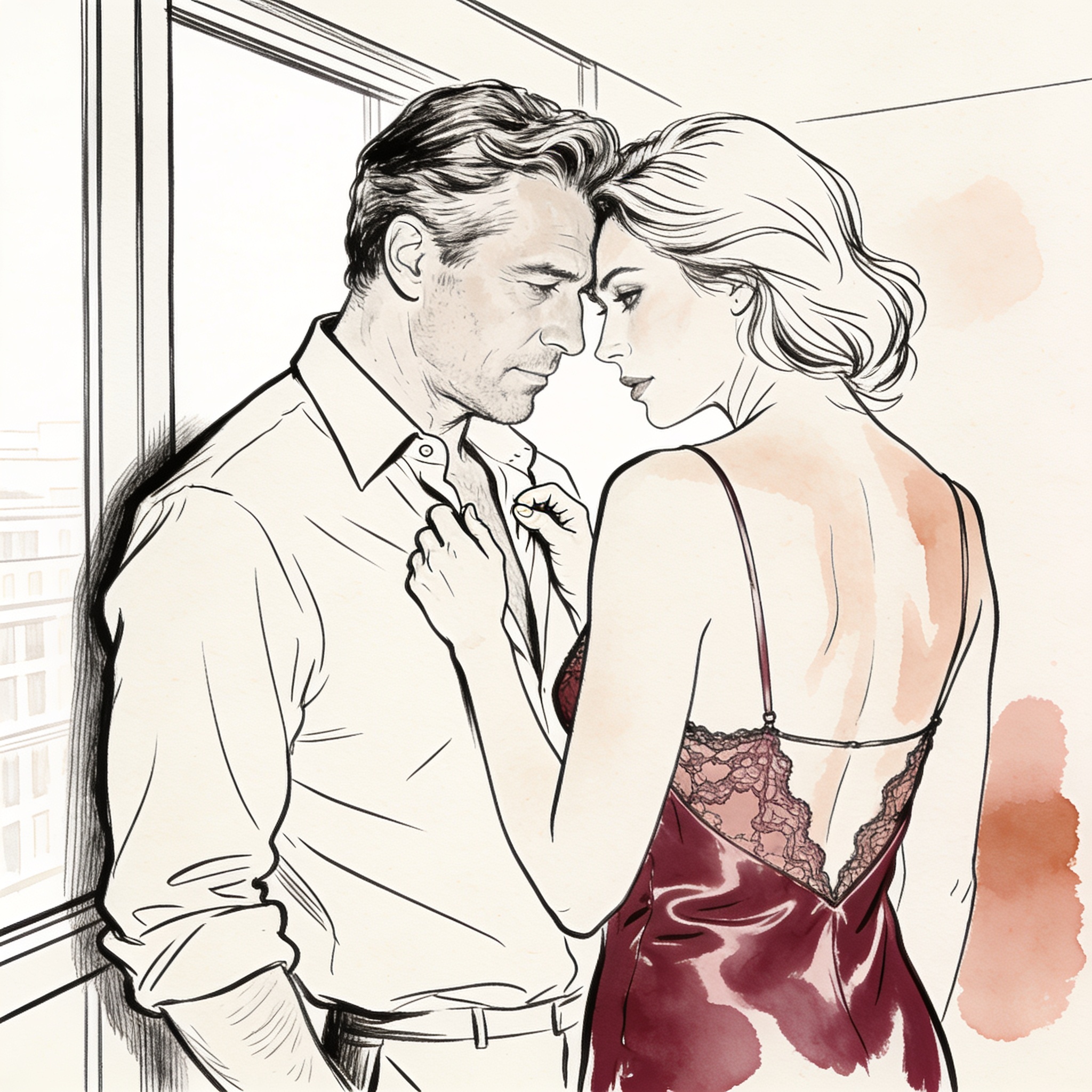 A man and woman embrace by a window, foreheads touching, her fingers on his shirt.
